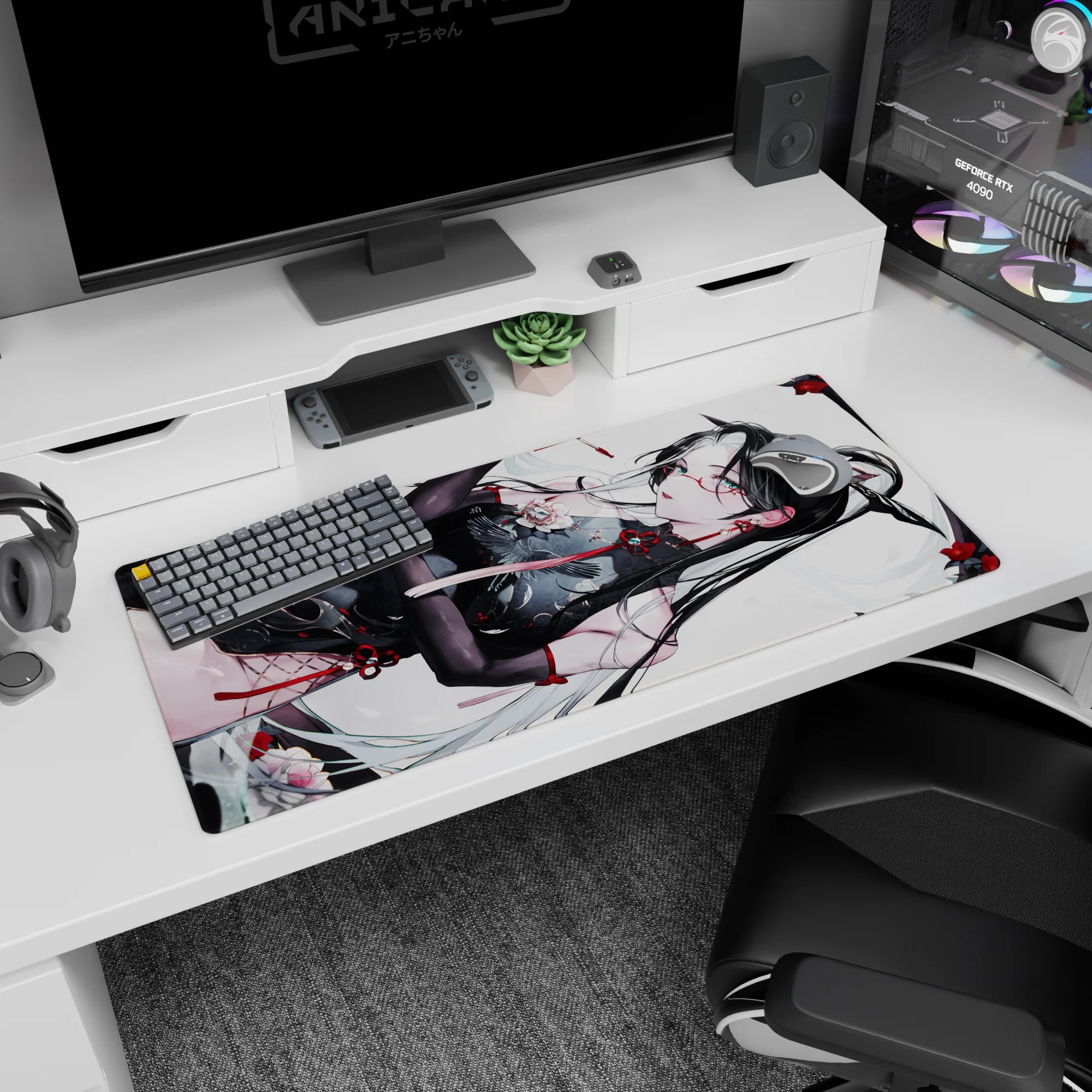 36x16 inches desk pad showing a teasing black-haired anime girl lounging sideways in a sheer black qipao.