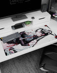 36x16 inches desk pad showing a teasing black-haired anime girl lounging sideways in a sheer black qipao.
