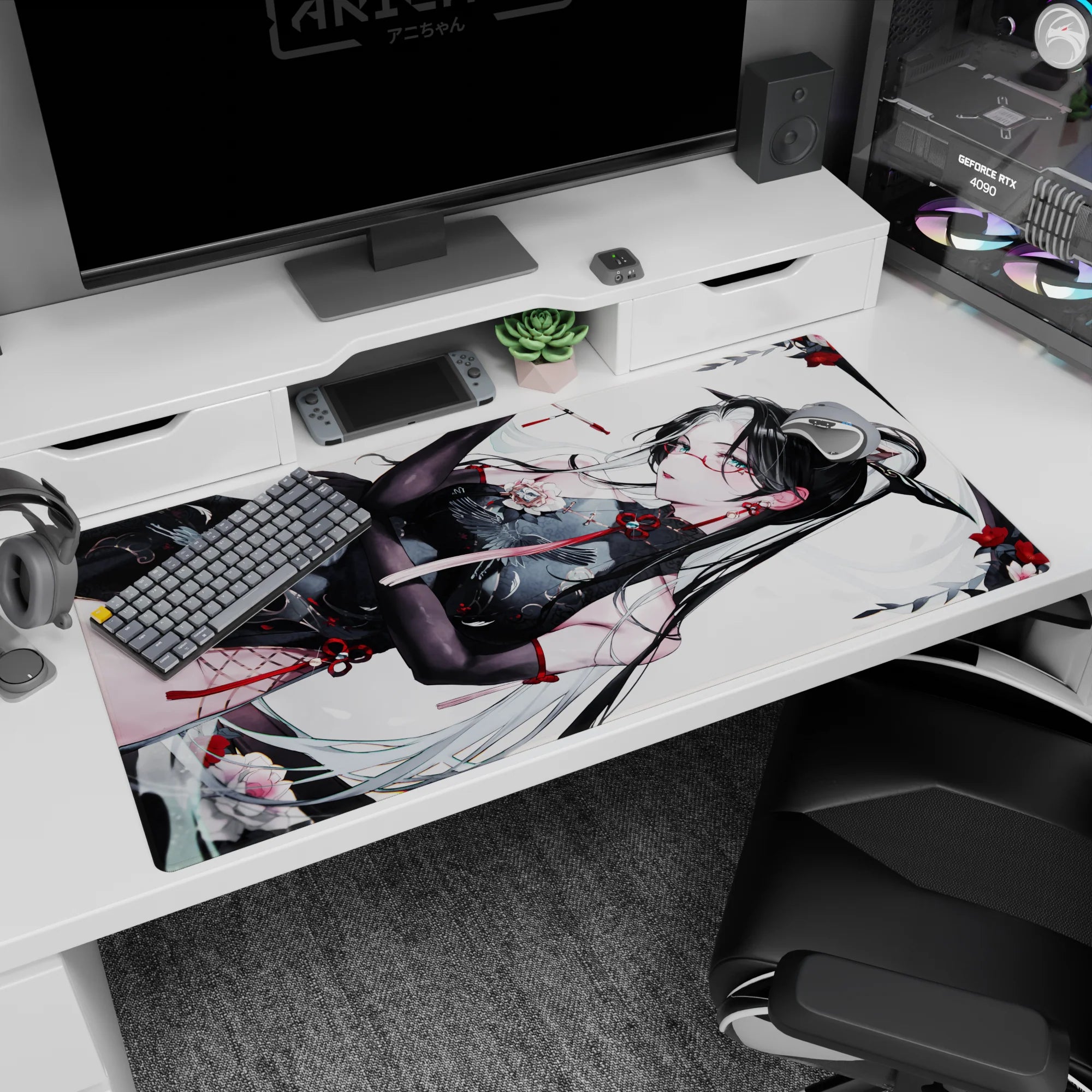40x20 inches anime mouse pad showing a side-lounging black-haired girl in a crane-pattern qipao.