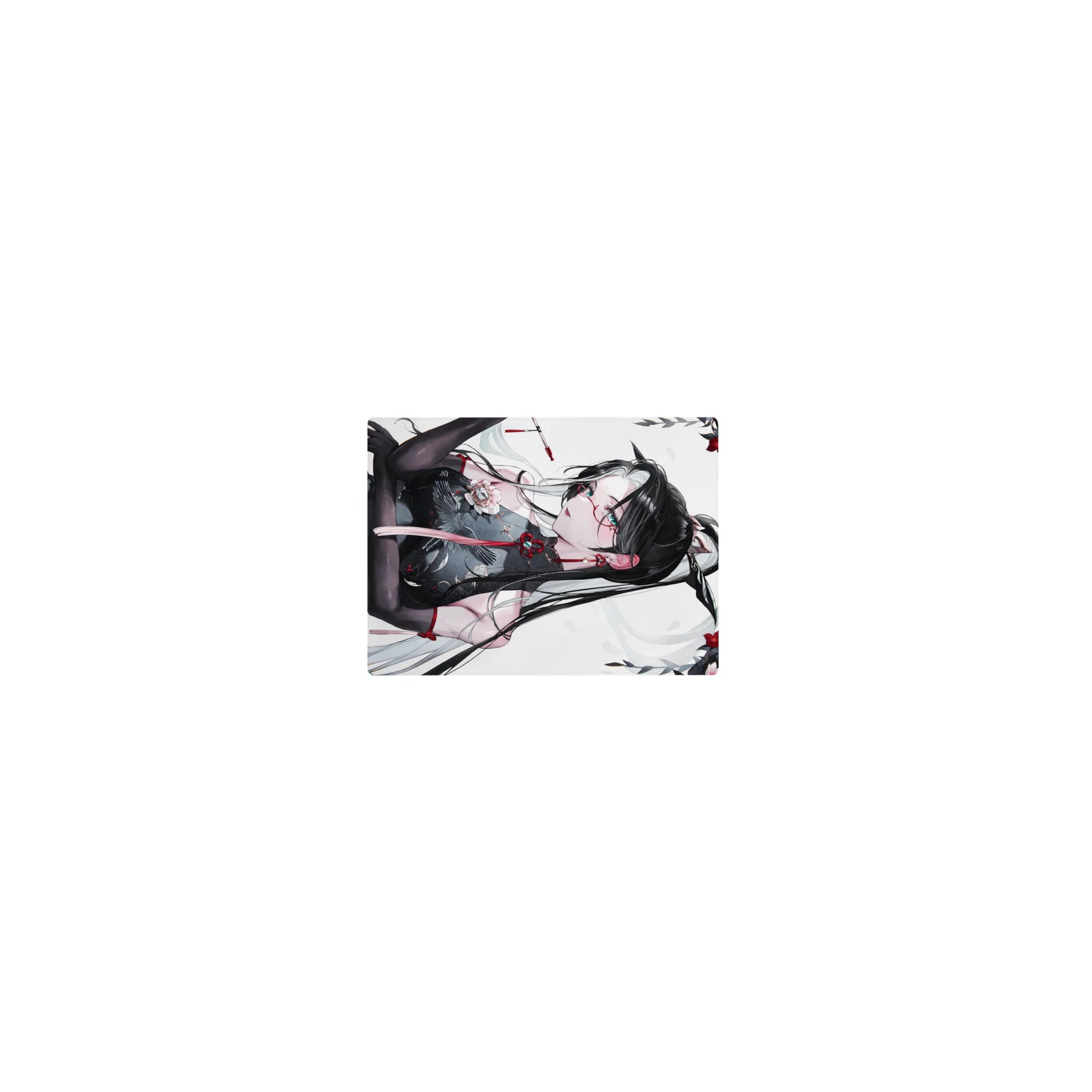 Classic anime girl mouse pad 14x10 inches with black-haired beauty in sheer qipao, petals and red accents.