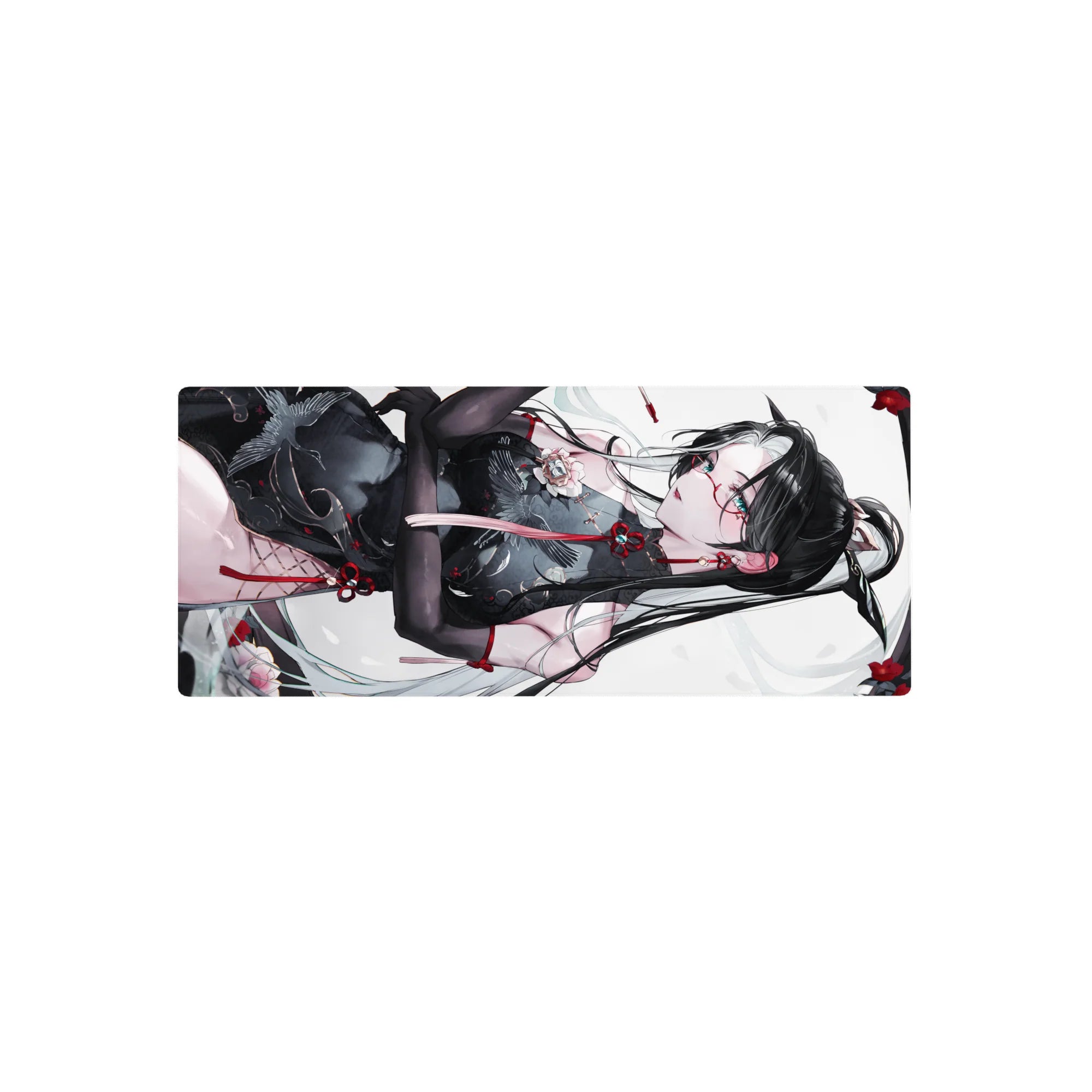 28x12 inches anime girl mouse pad with black-haired beauty in sheer qipao, red knots, petals on white.