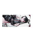 28x12 inches anime girl mouse pad with black-haired beauty in sheer qipao, red knots, petals on white.