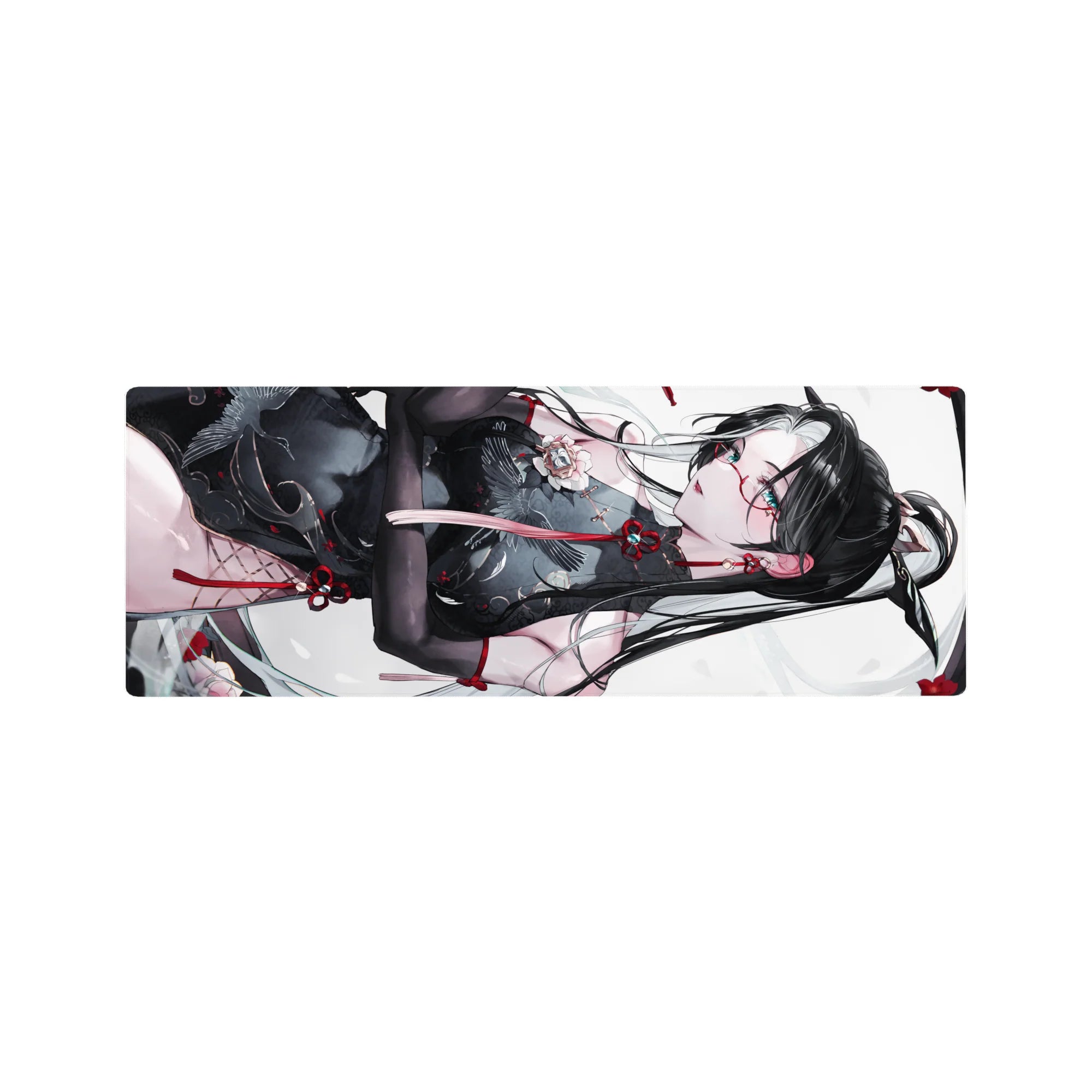 32x12 inches anime girl mouse pad with black-haired beauty in sheer black qipao, cranes and red knots.