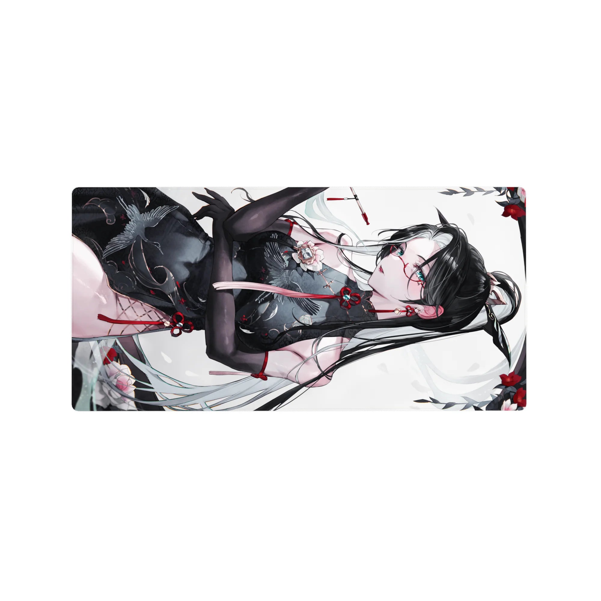 32x16 inches anime girl mouse pad with black-haired beauty in sheer qipao, crane motifs, petals, red accents.