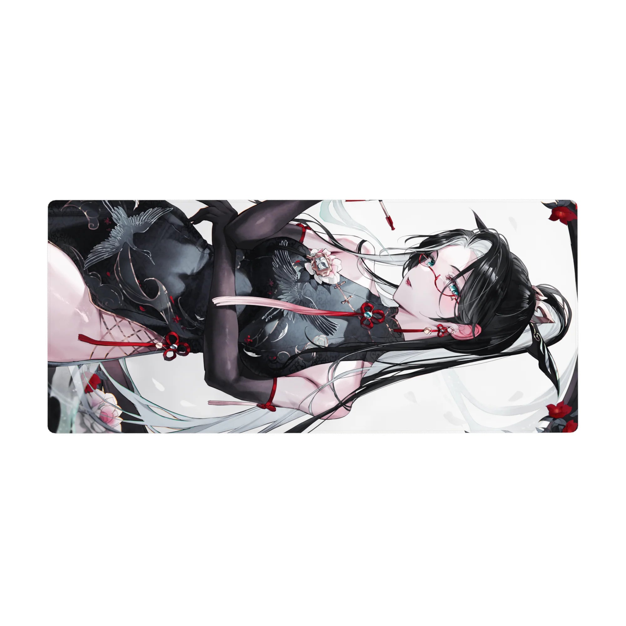 36x16 inches anime girl desk pad with black-haired beauty in sheer qipao, cranes, red knots, petals.