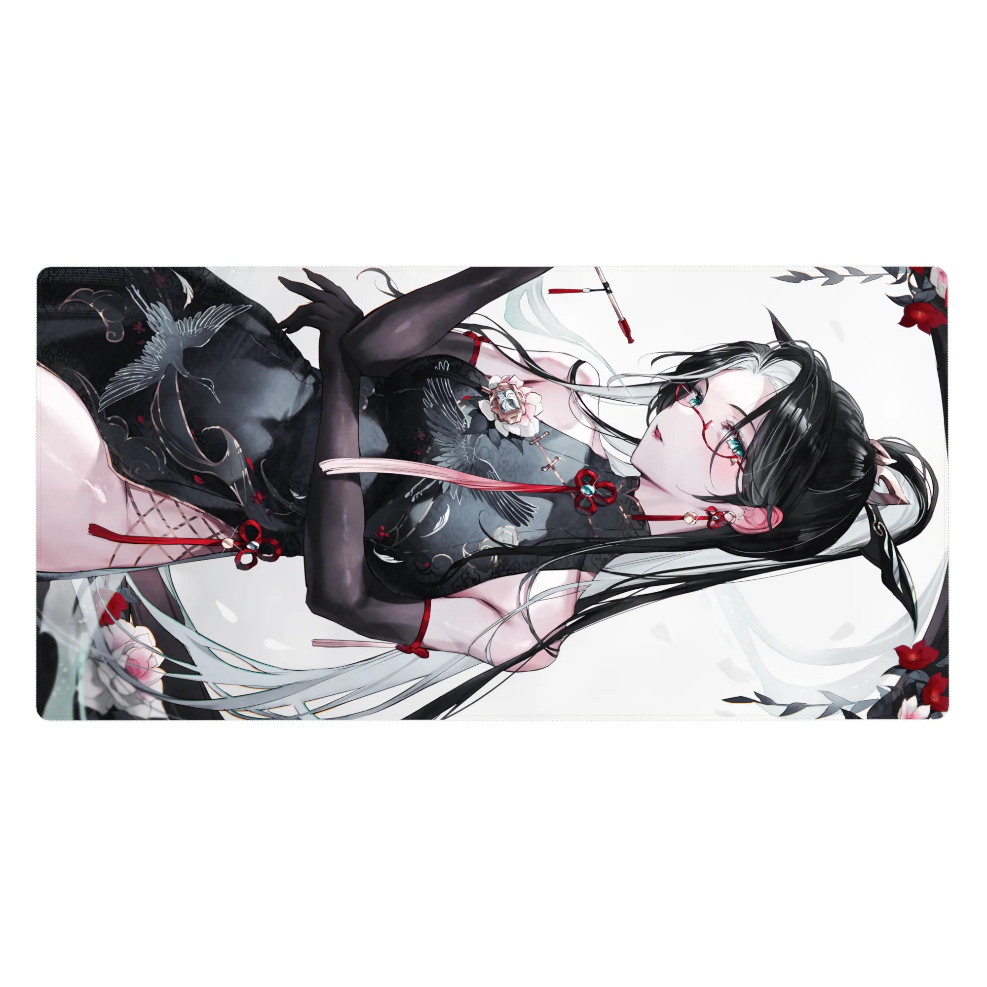 Anime girl desk pad 40x20 inches with black-haired beauty in sheer qipao, petals and red accents.