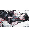 Anime girl desk pad 40x20 inches with black-haired beauty in sheer qipao, petals and red accents.