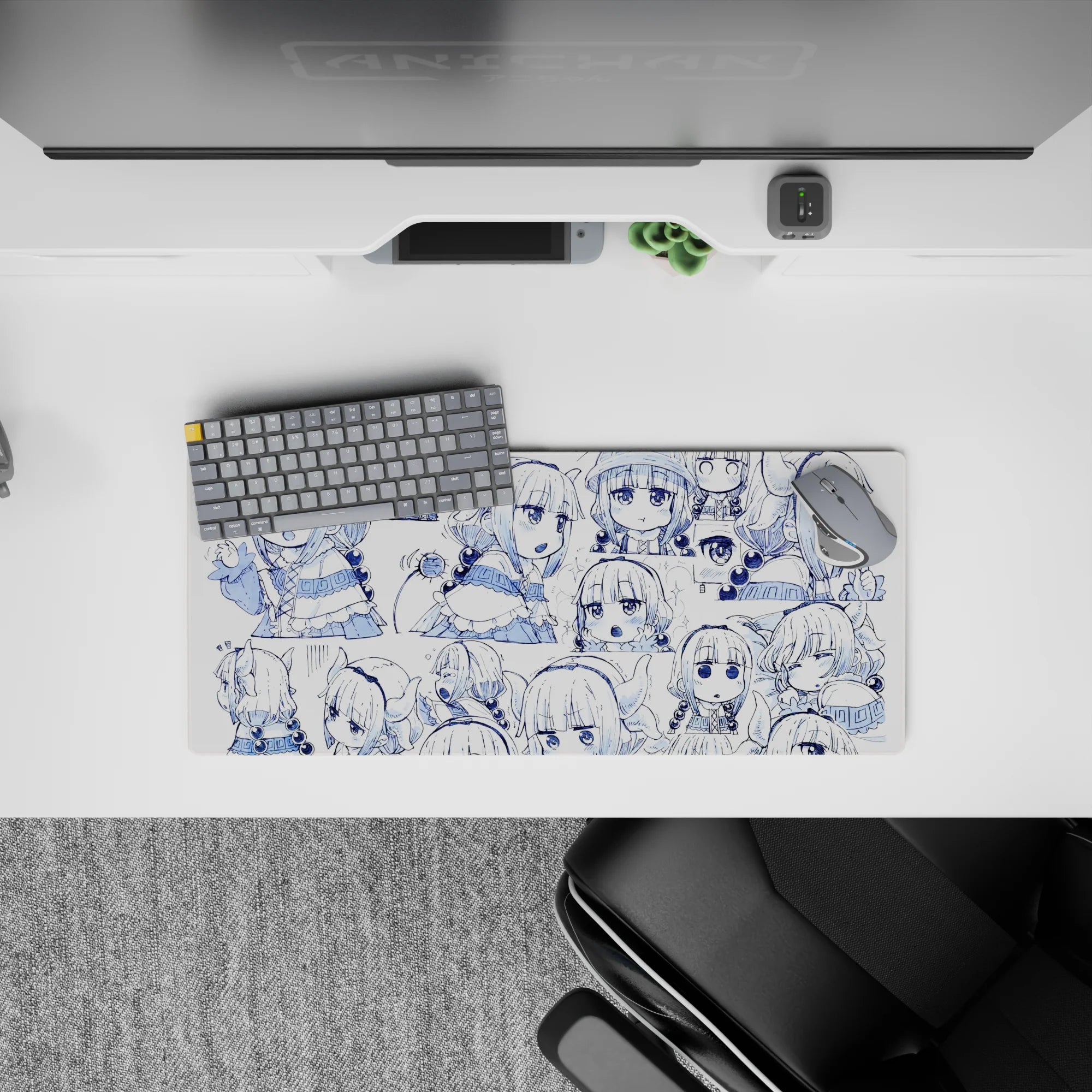 28x12 inches white mouse pad with crisp navy line art, cute sleepy chibi mood, smooth glide.