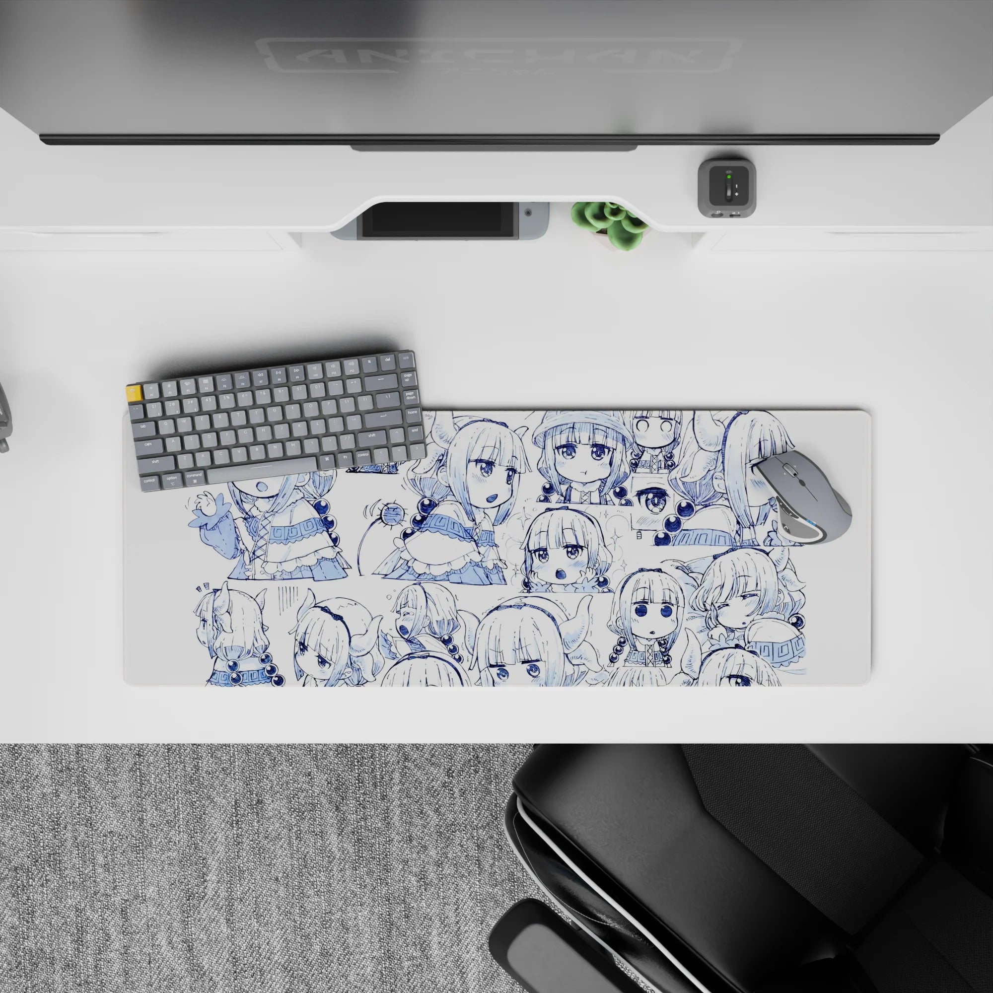 32x12 inches white mouse pad with navy-blue line art, sleepy kawaii chibi vibes, smooth glide.