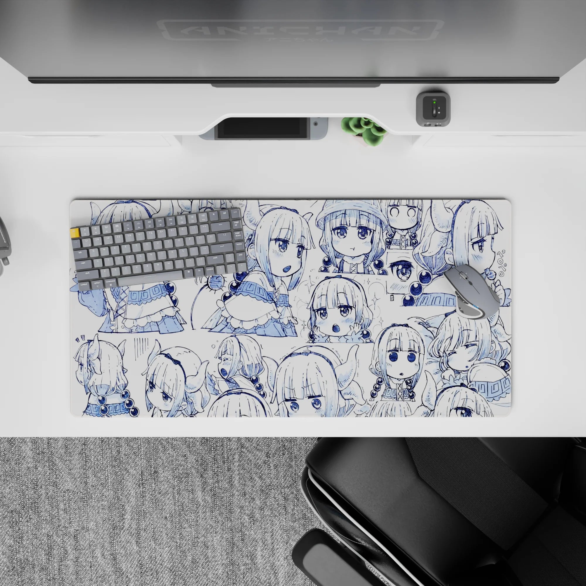 32x16 inches kawaii mouse pad in clean white with crisp navy-blue line art, sleepy snack-ready vibe.