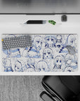 32x16 inches kawaii mouse pad in clean white with crisp navy-blue line art, sleepy snack-ready vibe.