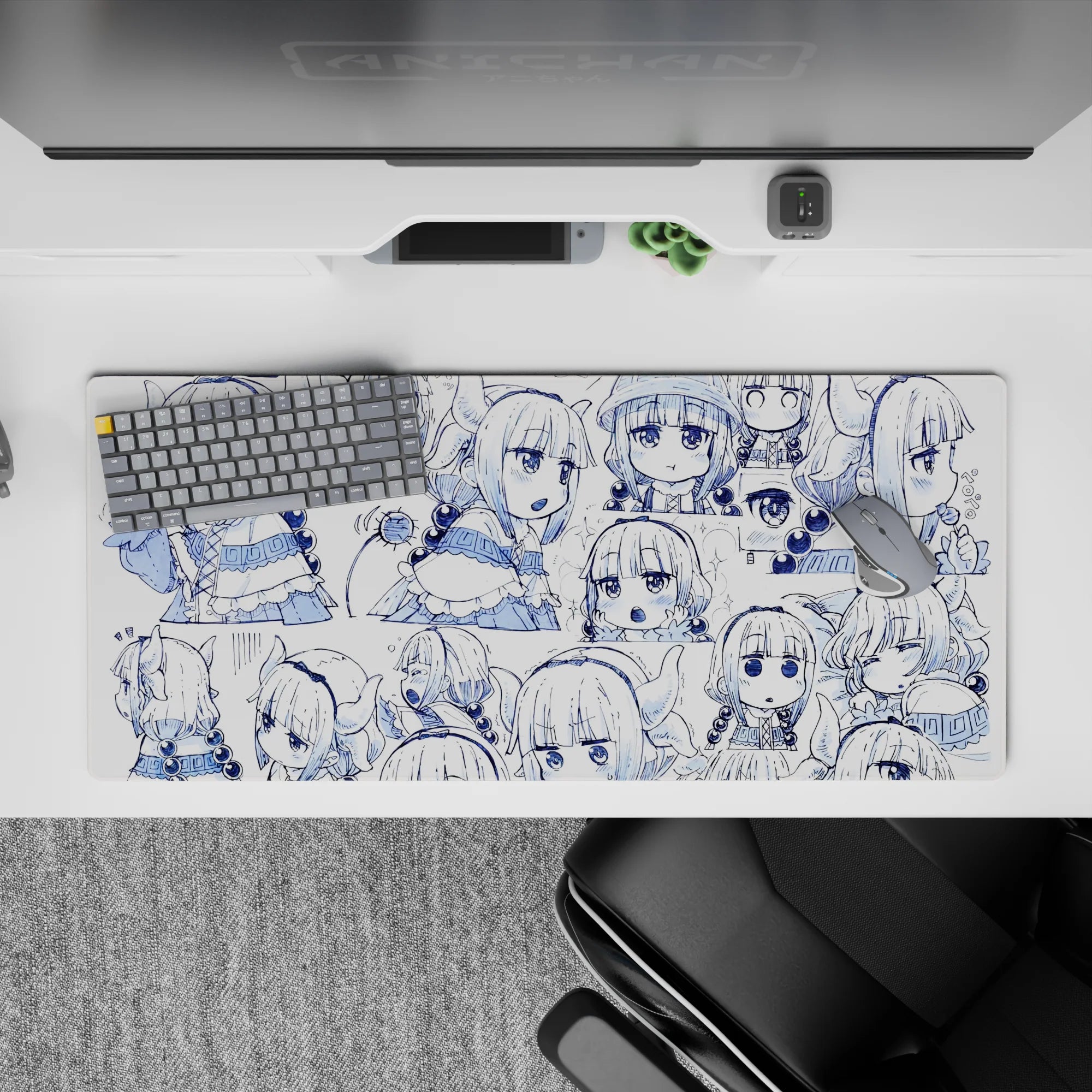 36x16 inches white desk pad with navy-blue line art, playful sleepy vibe, smooth gaming glide.