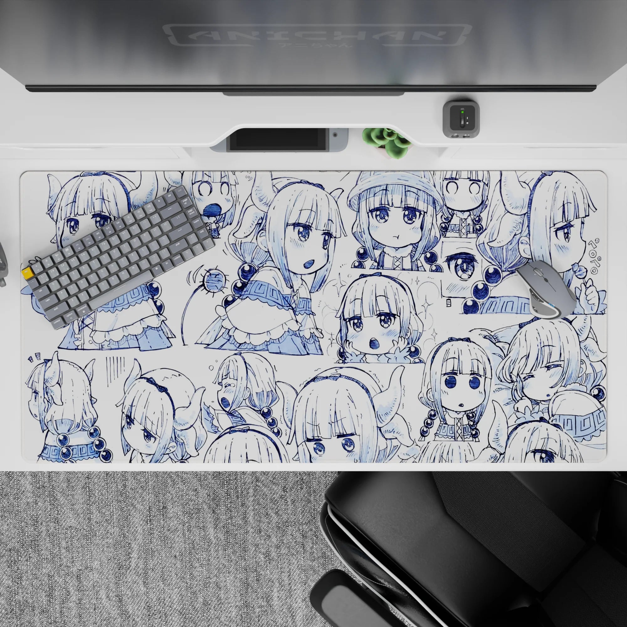 40x20 inches kawaii desk pad in clean white and crisp navy-blue linework, cute sleepy snack-ready mood.