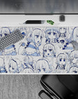 40x20 inches kawaii desk pad in clean white and crisp navy-blue linework, cute sleepy snack-ready mood.