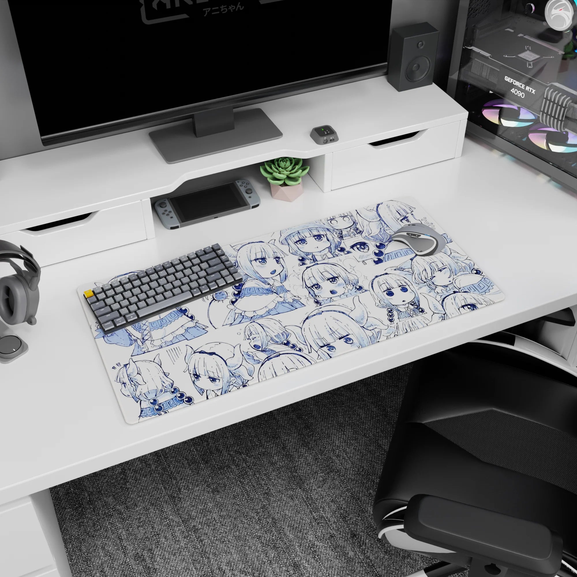 32x16 inches Kanna Kamui mouse pad from Miss Kobayashi's Dragon Maid, covered in chibi Kanna doodles.