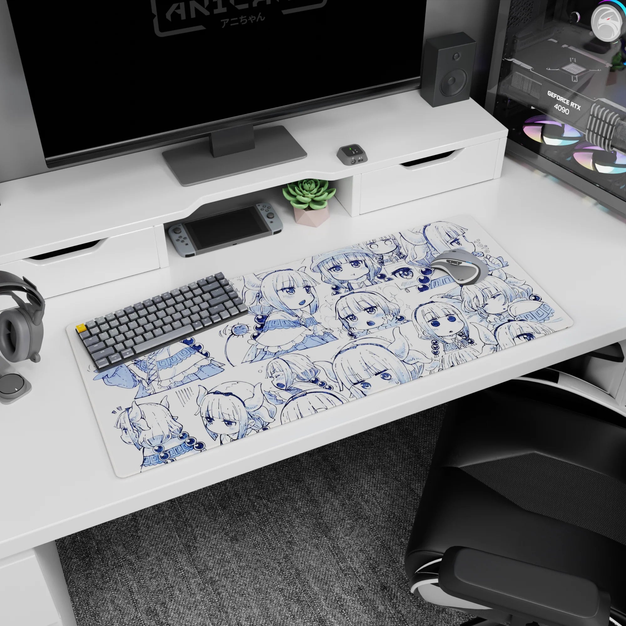 36x16 inches Kanna Kamui desk pad from Miss Kobayashi's Dragon Maid, snack-ready chibi pattern.