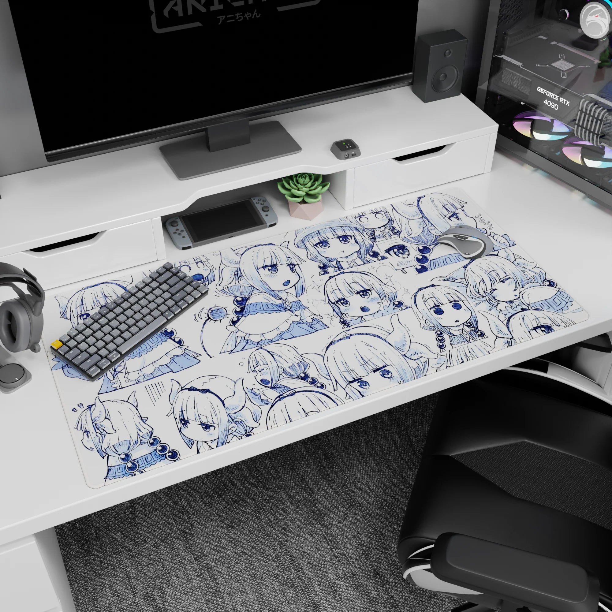 40x20 inches Miss Kobayashi's Dragon Maid Kanna Kamui mouse pad with many chibi expressions and giggles.