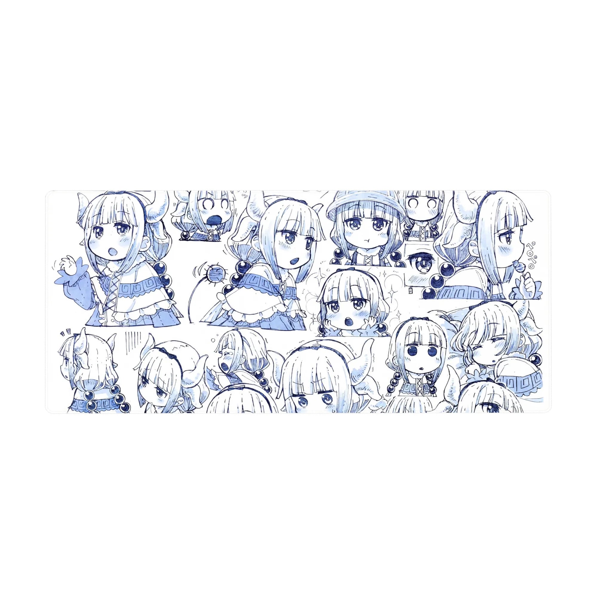 36x16 inches anime girl desk pad with chibi Kanna faces, doodle sparkles, and cute expressions.