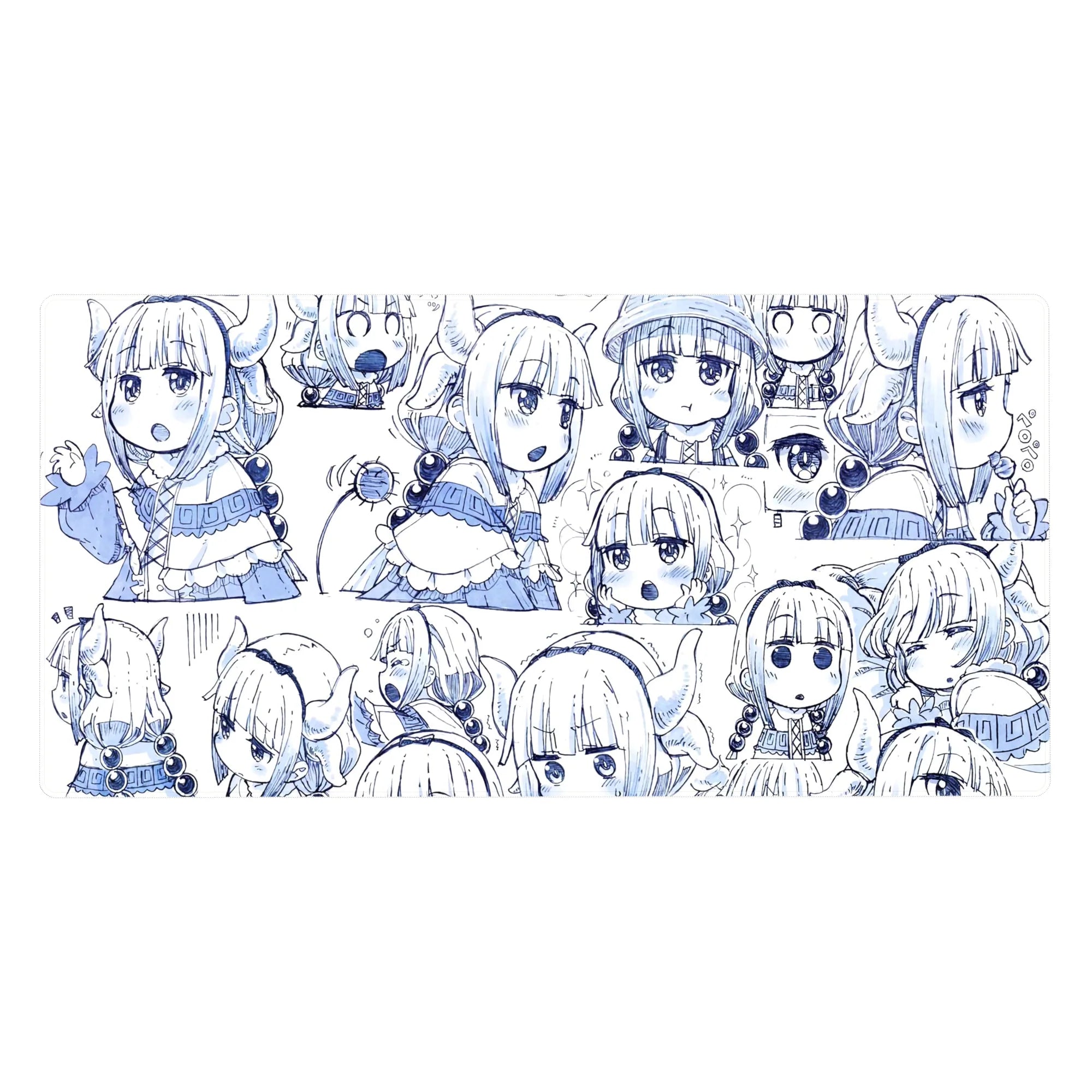 40x20 inches anime girl desk pad with chibi Kanna faces and doodle sparkles on white, navy line art.