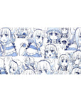 40x20 inches anime girl desk pad with chibi Kanna faces and doodle sparkles on white, navy line art.