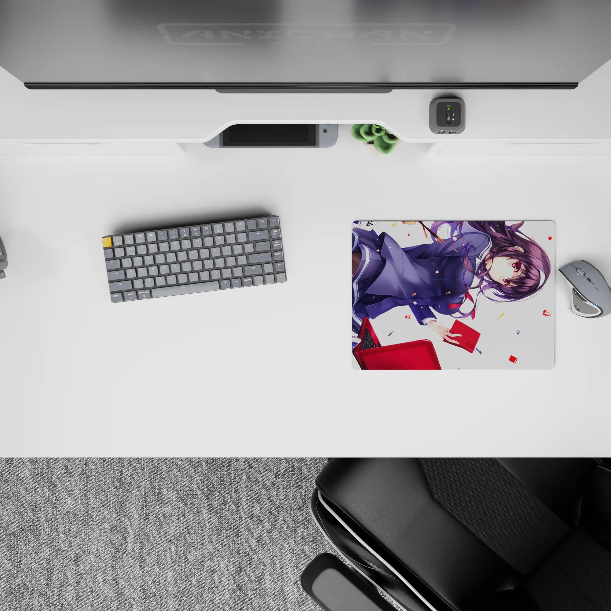 Vibrant violet hair and red accents on a sleek anime girl mouse pad 14x10 inches, playful and clean.