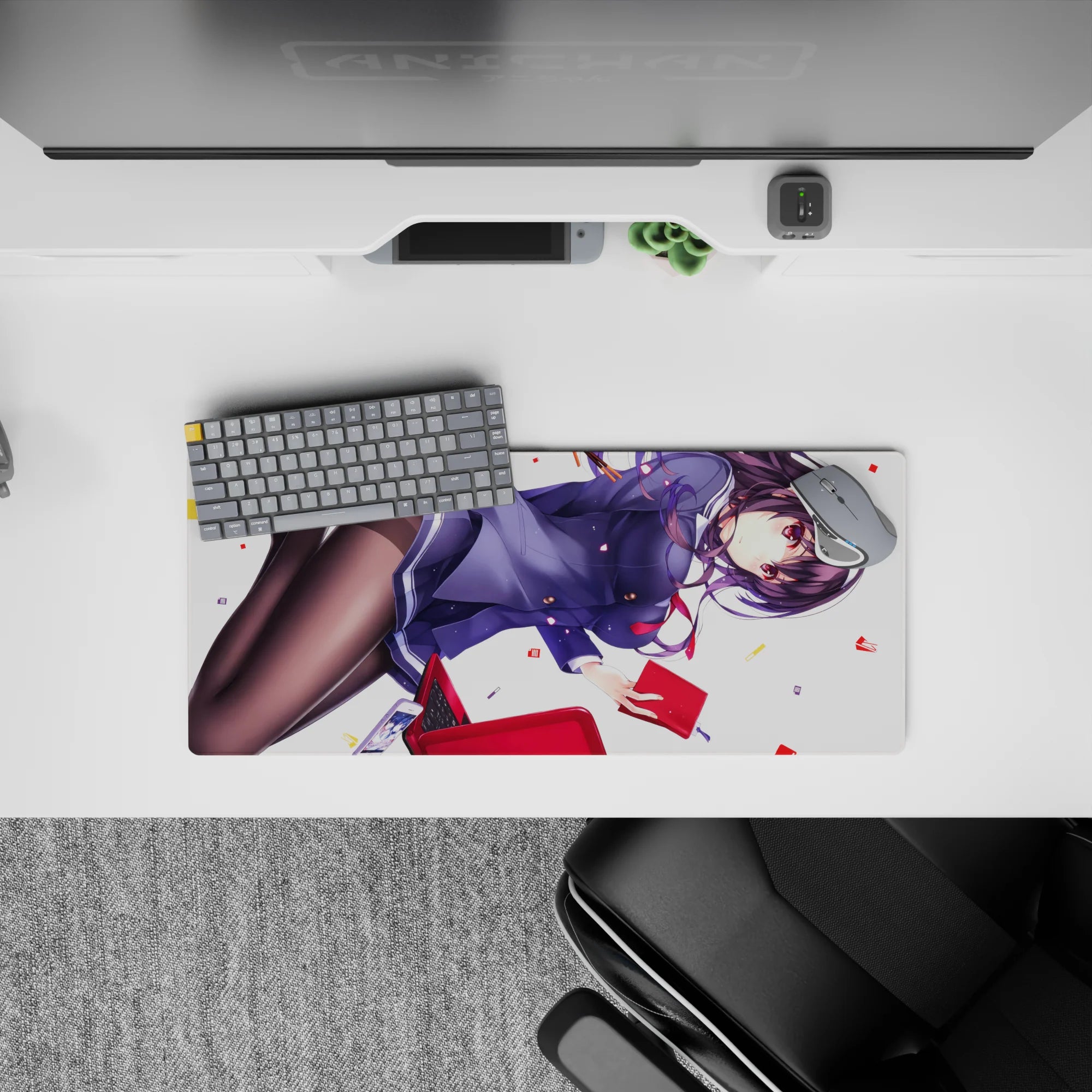 28x12 inches anime girl mouse pad in violet, navy, and red with sleek glossy tights and playful vibe.