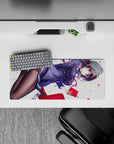 28x12 inches anime girl mouse pad in violet, navy, and red with sleek glossy tights and playful vibe.