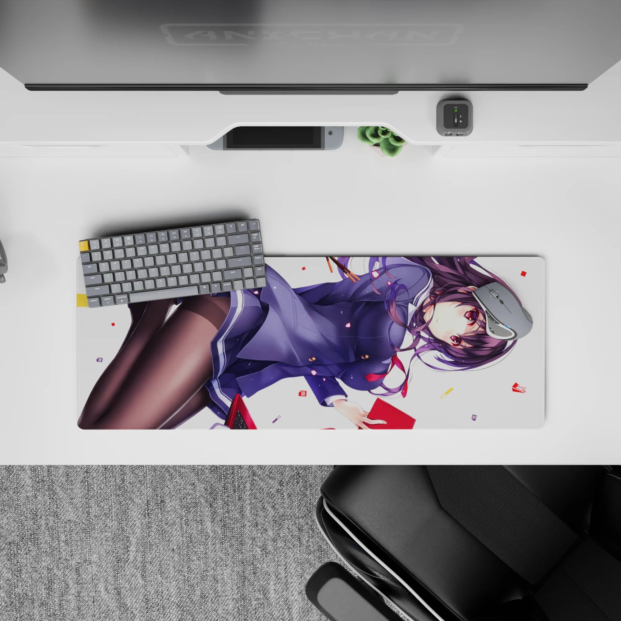 32x12 inches anime girl mouse pad in navy, violet hair, black tights, with red tie and confetti accents.