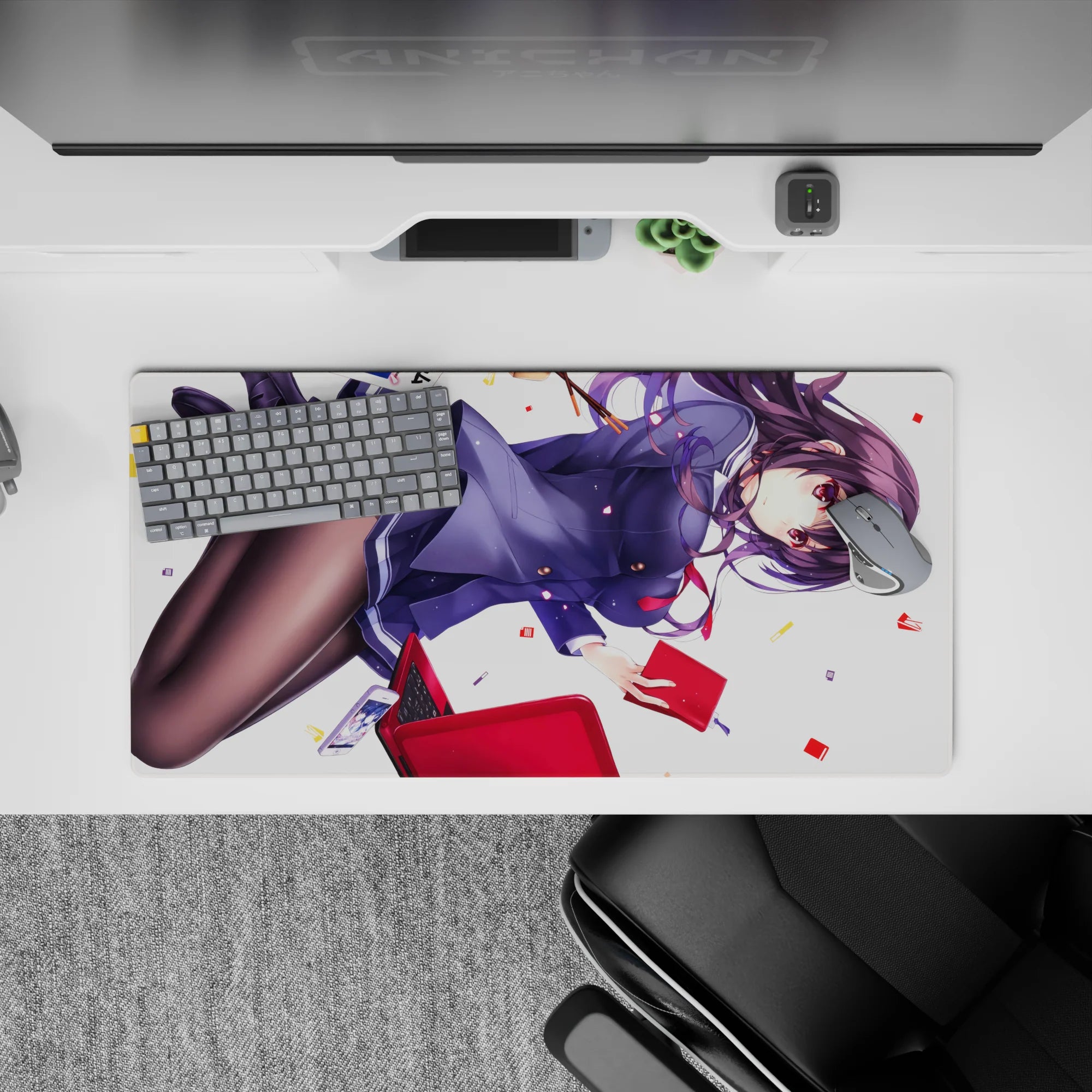 Violet-haired schoolgirl desk mat 32x16 inches in navy and red accents, playful confetti vibe.