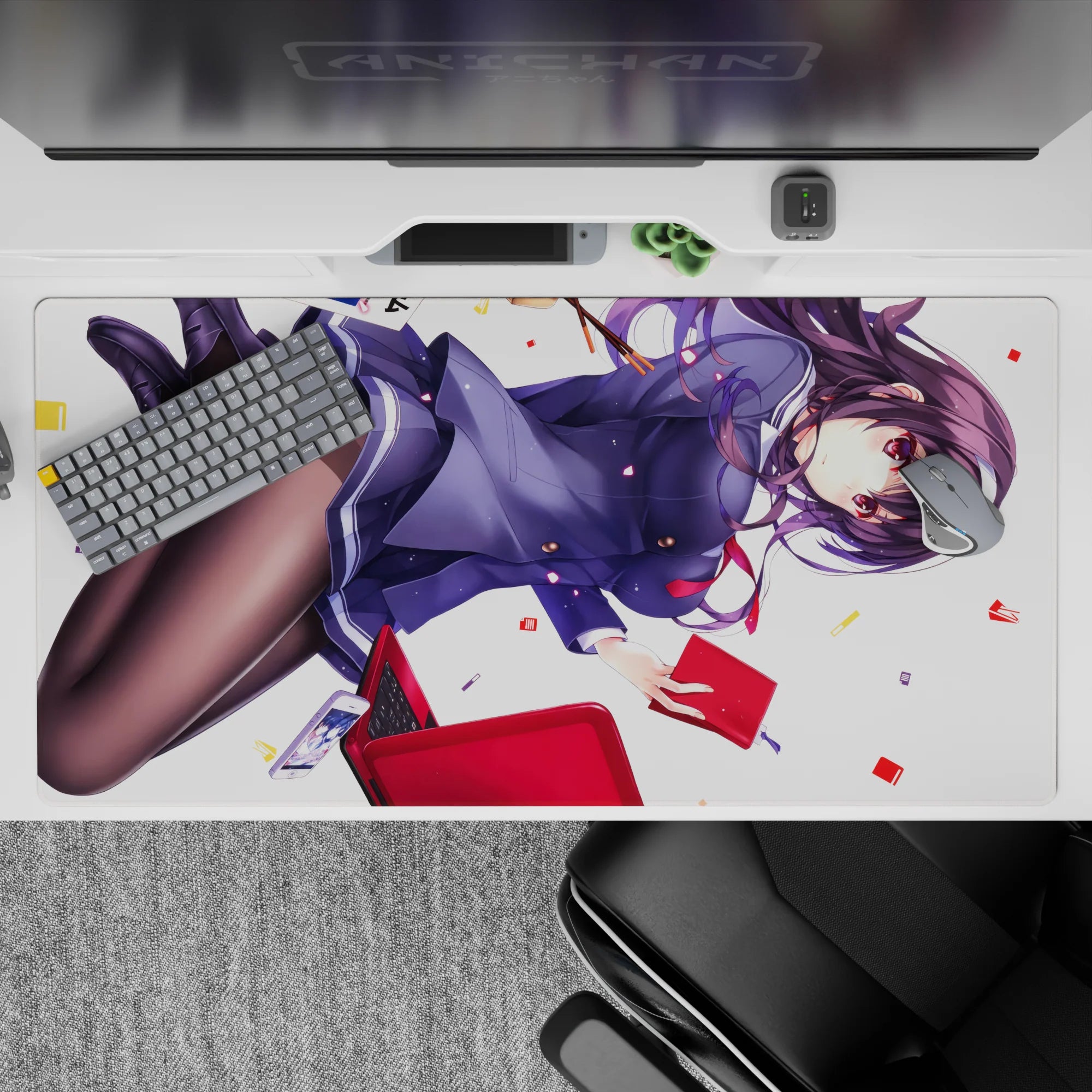 Violet-haired anime desk pad 40x20 inches in navy, red accents, glossy black tights, playful clean vibe.