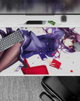 Violet-haired anime desk pad 40x20 inches in navy, red accents, glossy black tights, playful clean vibe.