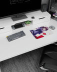 Confident anime schoolgirl drifting on white, violet hair swirling, holding red notebook mouse pad 14x10 inches.