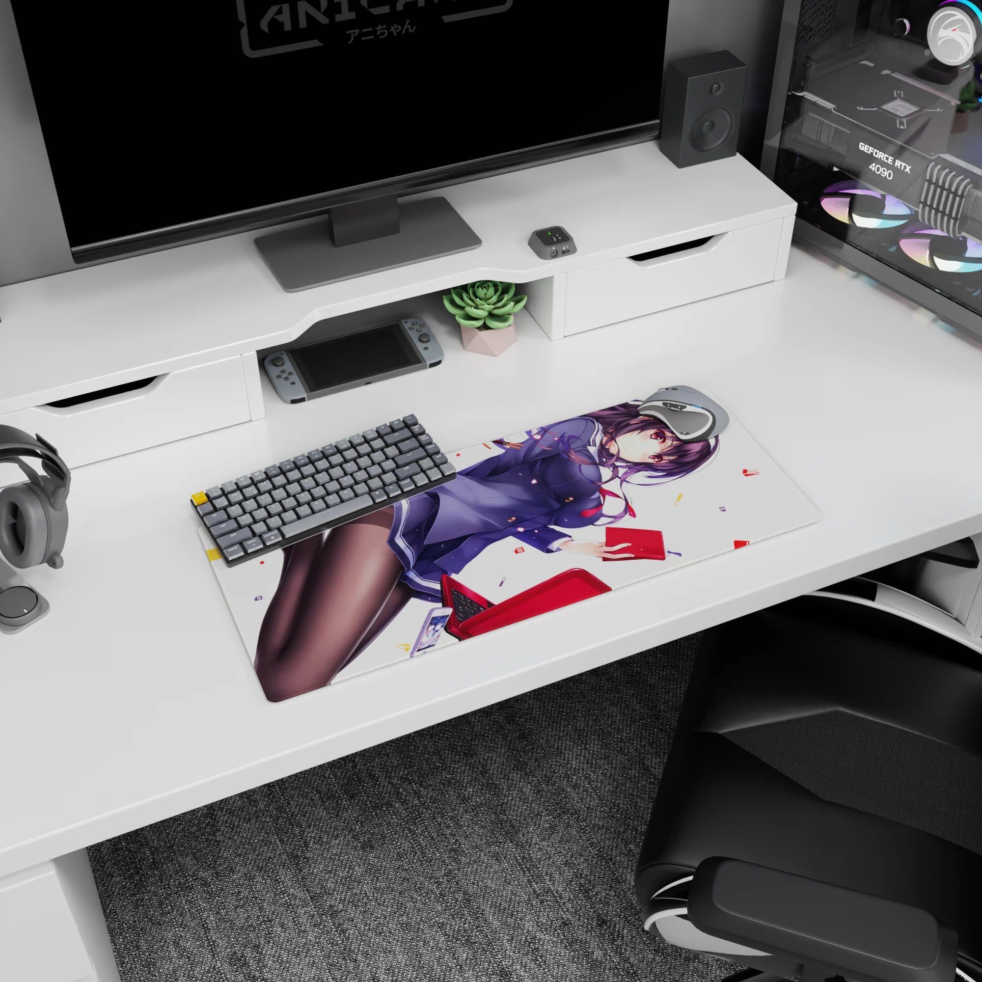 28x12 inches anime girl mouse pad showing a schoolgirl drifting on a white background, violet hair sweeping.