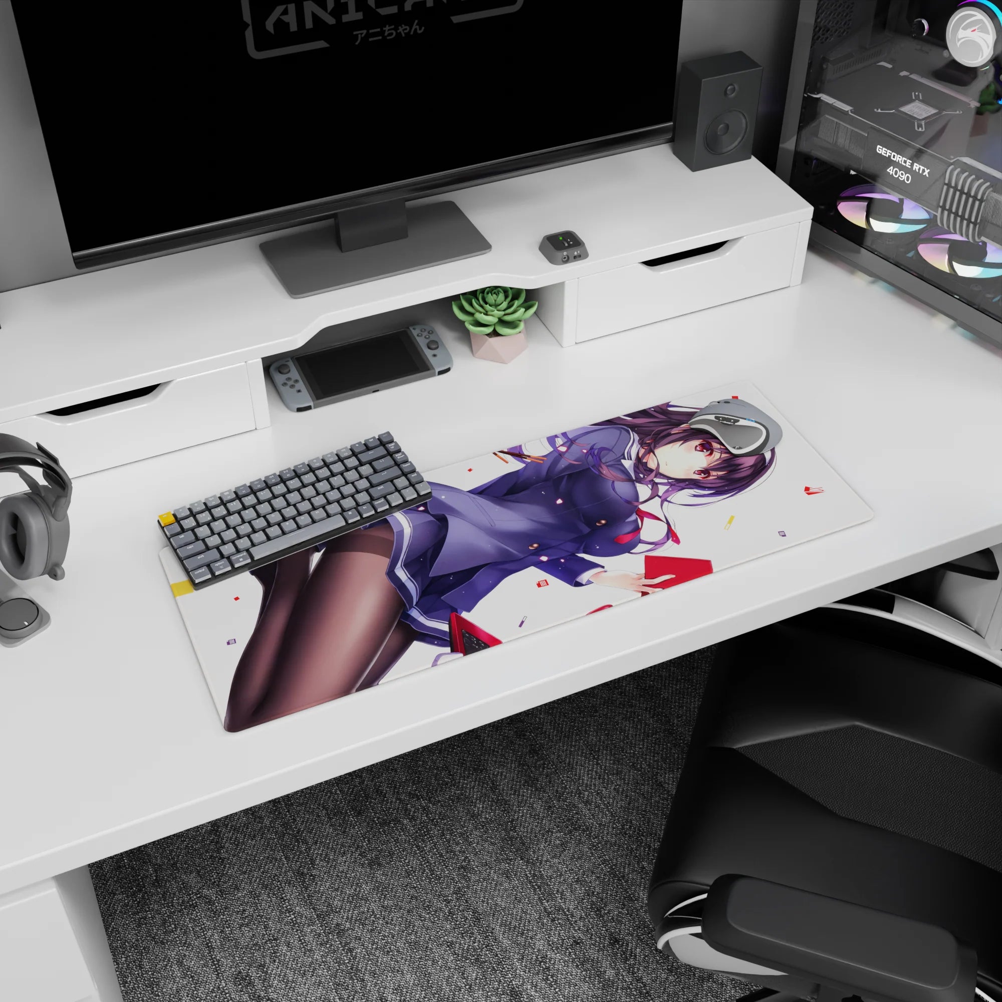 32x12 inches anime girl mouse pad showing a confident schoolgirl swirling violet hair, holding a red notebook.