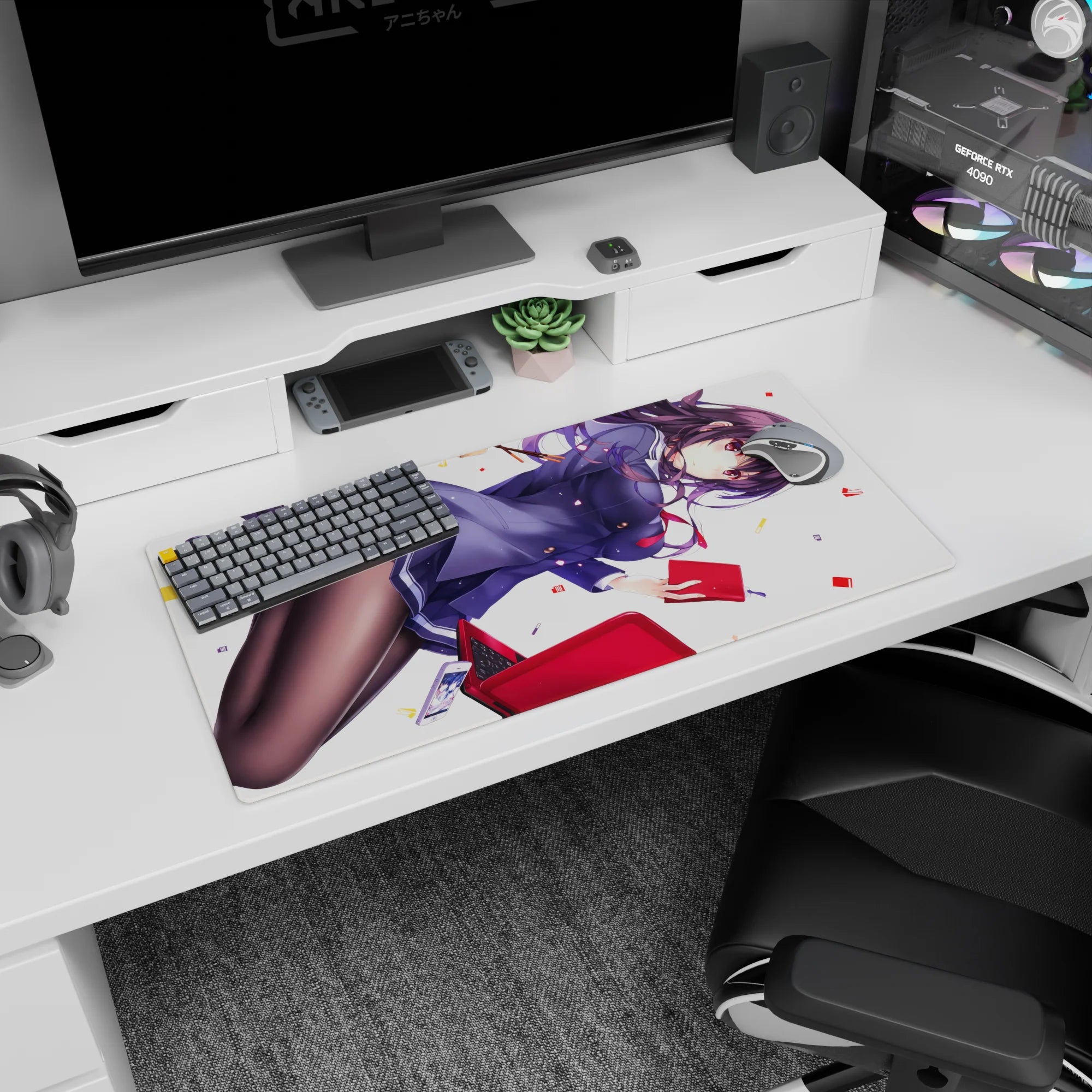 Confident anime schoolgirl drifting across white, hair whipping violet, on 32x16 inches mouse pad.