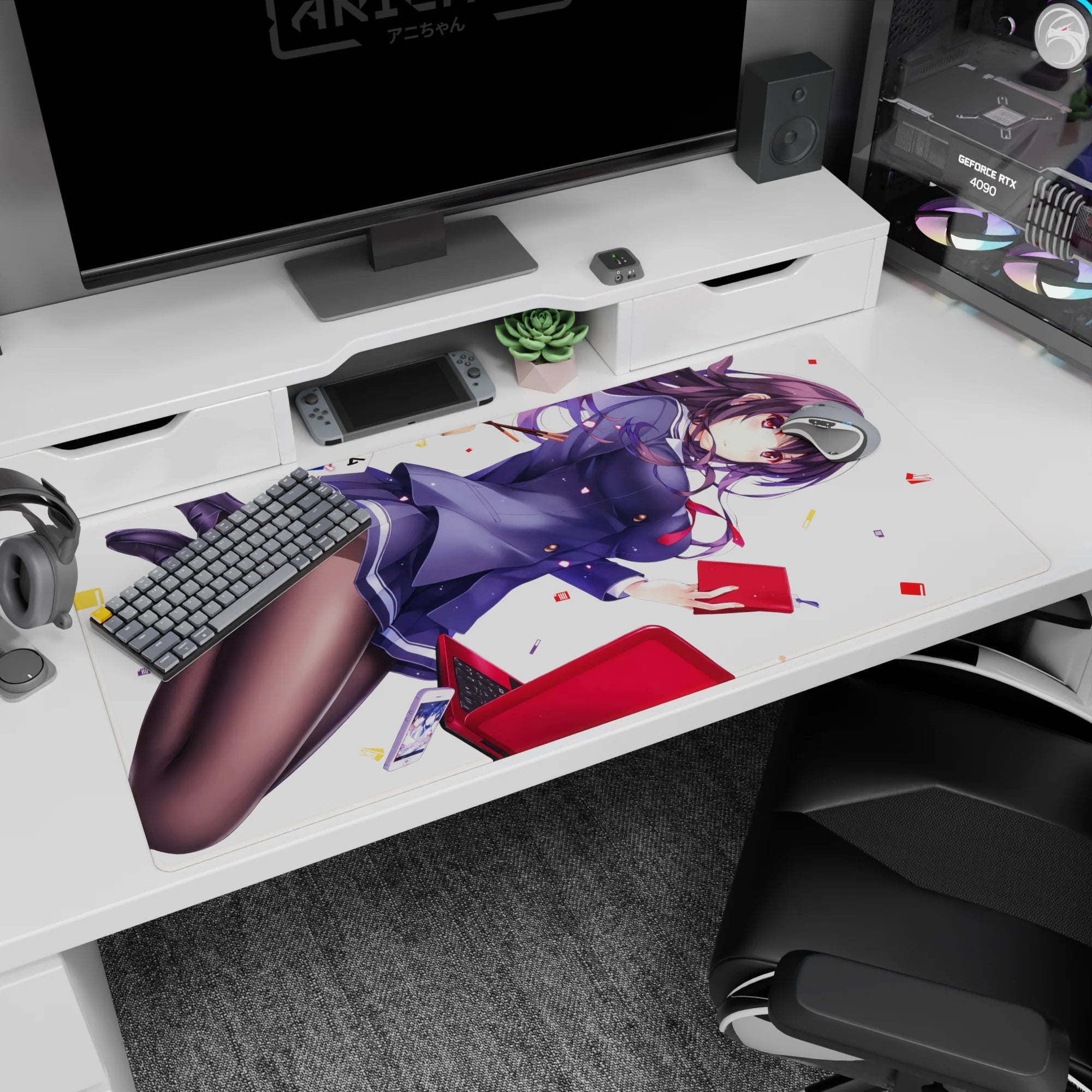 Confident anime schoolgirl drifting with violet hair and red notebook on 40x20 inches extended desk pad.