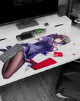 Confident anime schoolgirl drifting with violet hair and red notebook on 40x20 inches extended desk pad.
