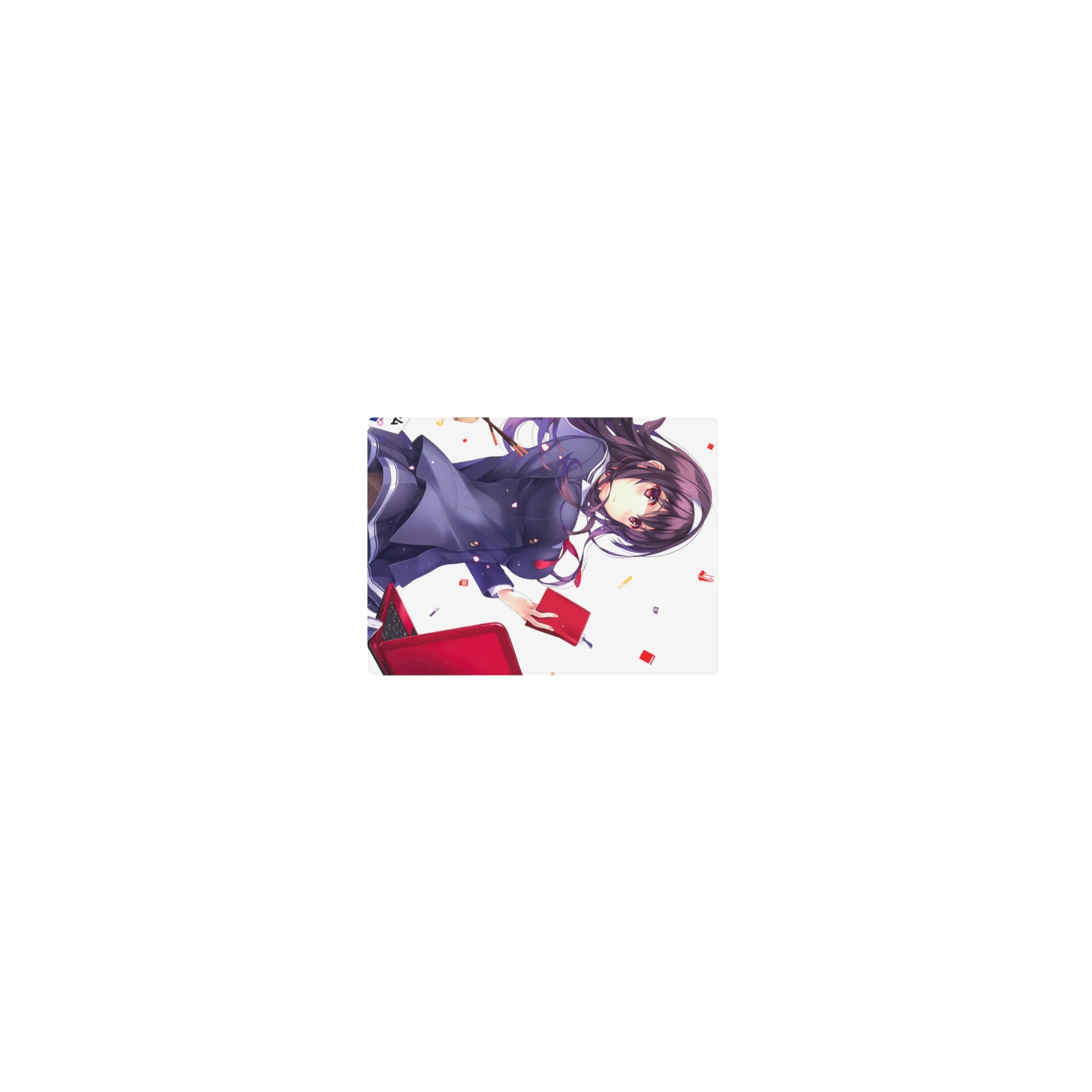 Classic anime schoolgirl mouse pad 14x10 inches with navy uniform, red tie, and confetti on white.