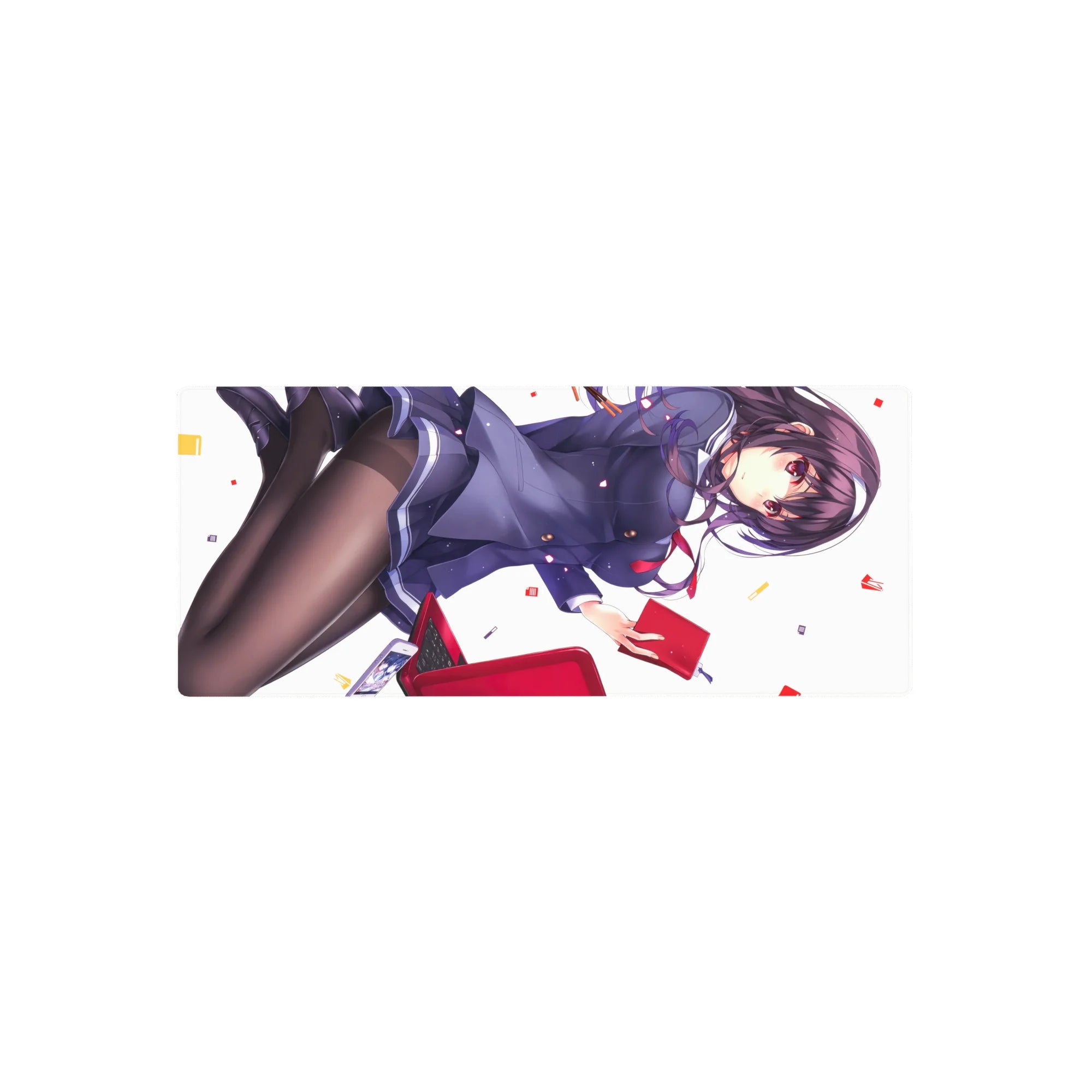 28x12 inches anime girl mouse pad with confident schoolgirl in navy uniform, red tie, and confetti accents.