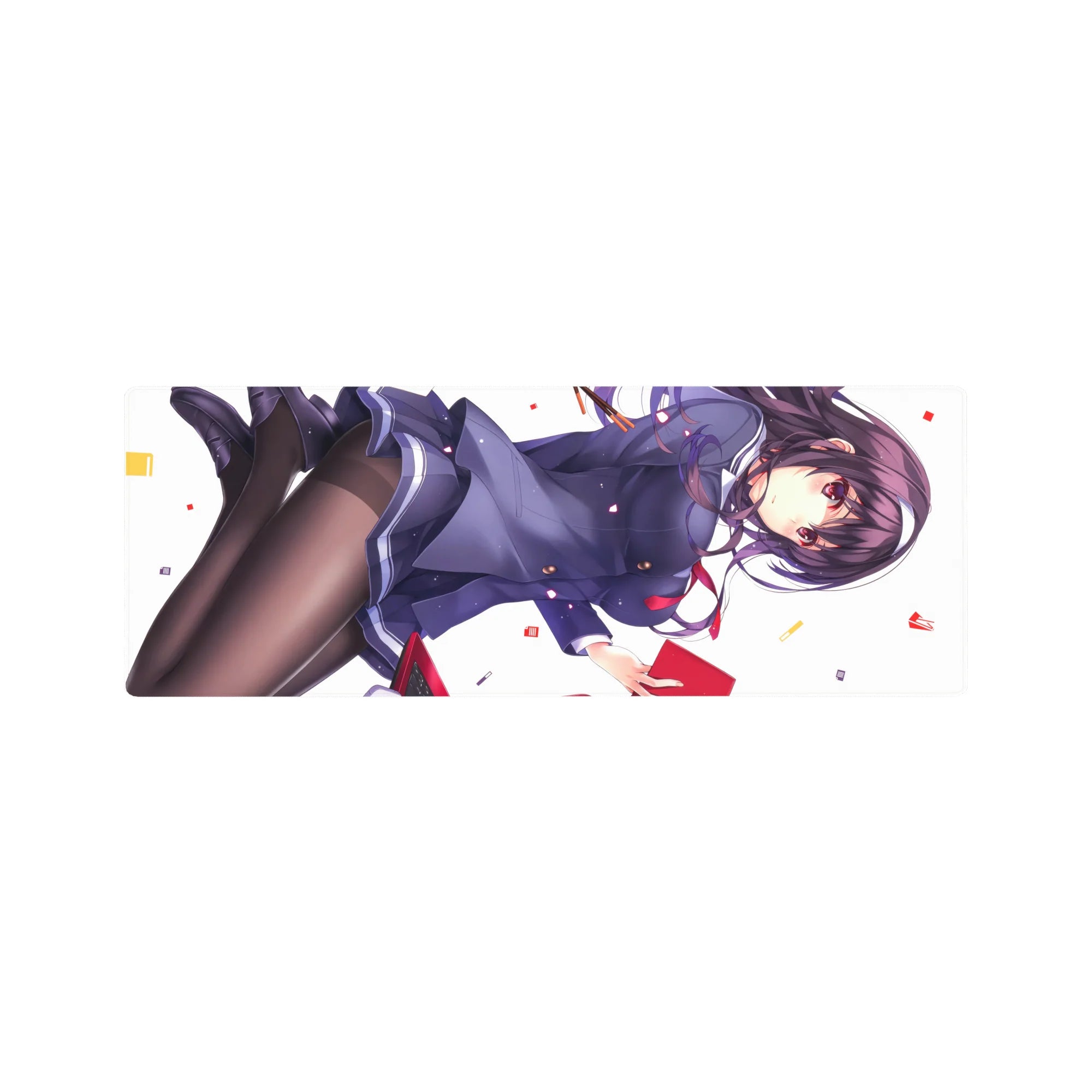 32x12 inches anime girl mouse pad with schoolgirl in navy blazer and pleated skirt on white background.