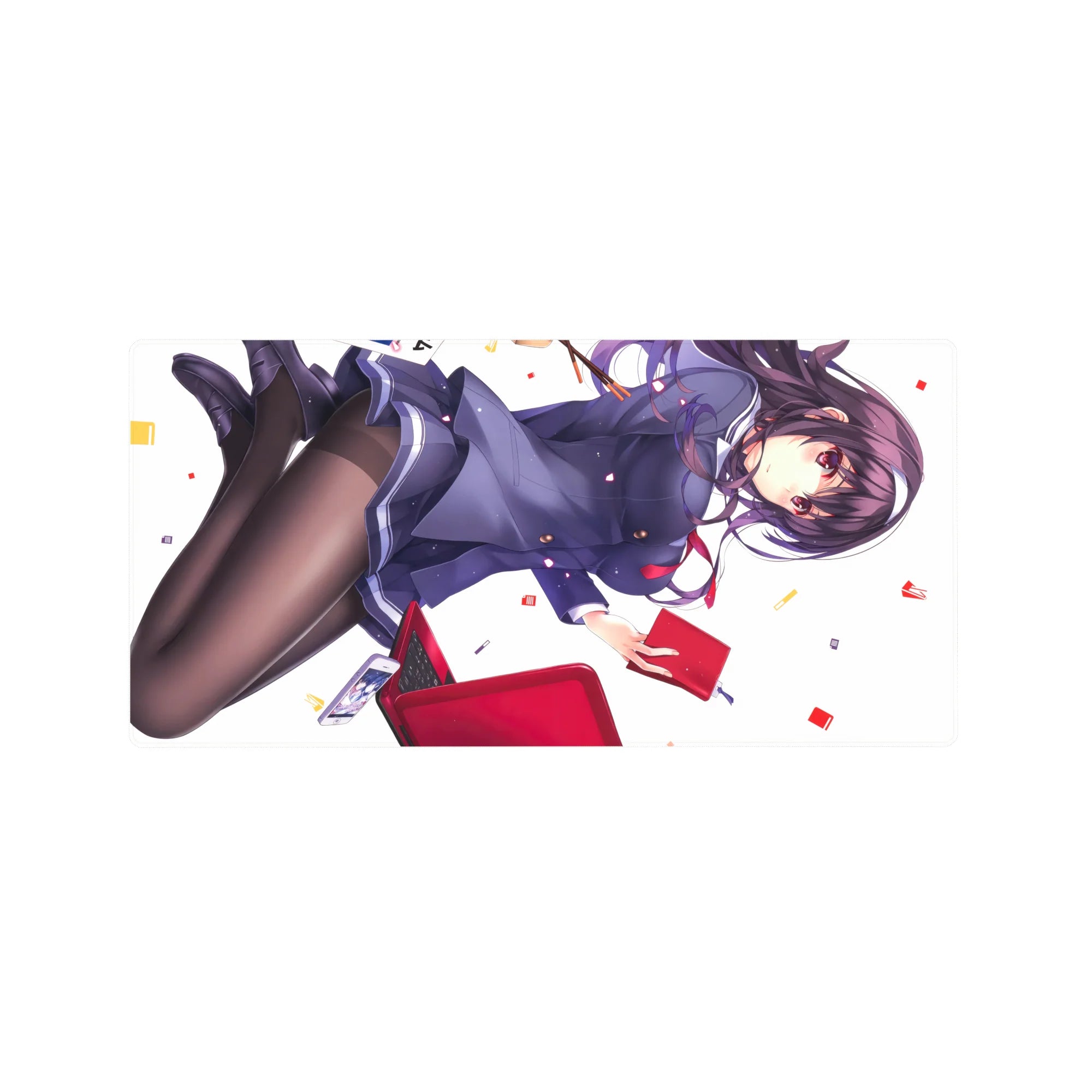Anime girl mouse pad 32x16 inches with school uniform, red tie and notebook on clean white background.