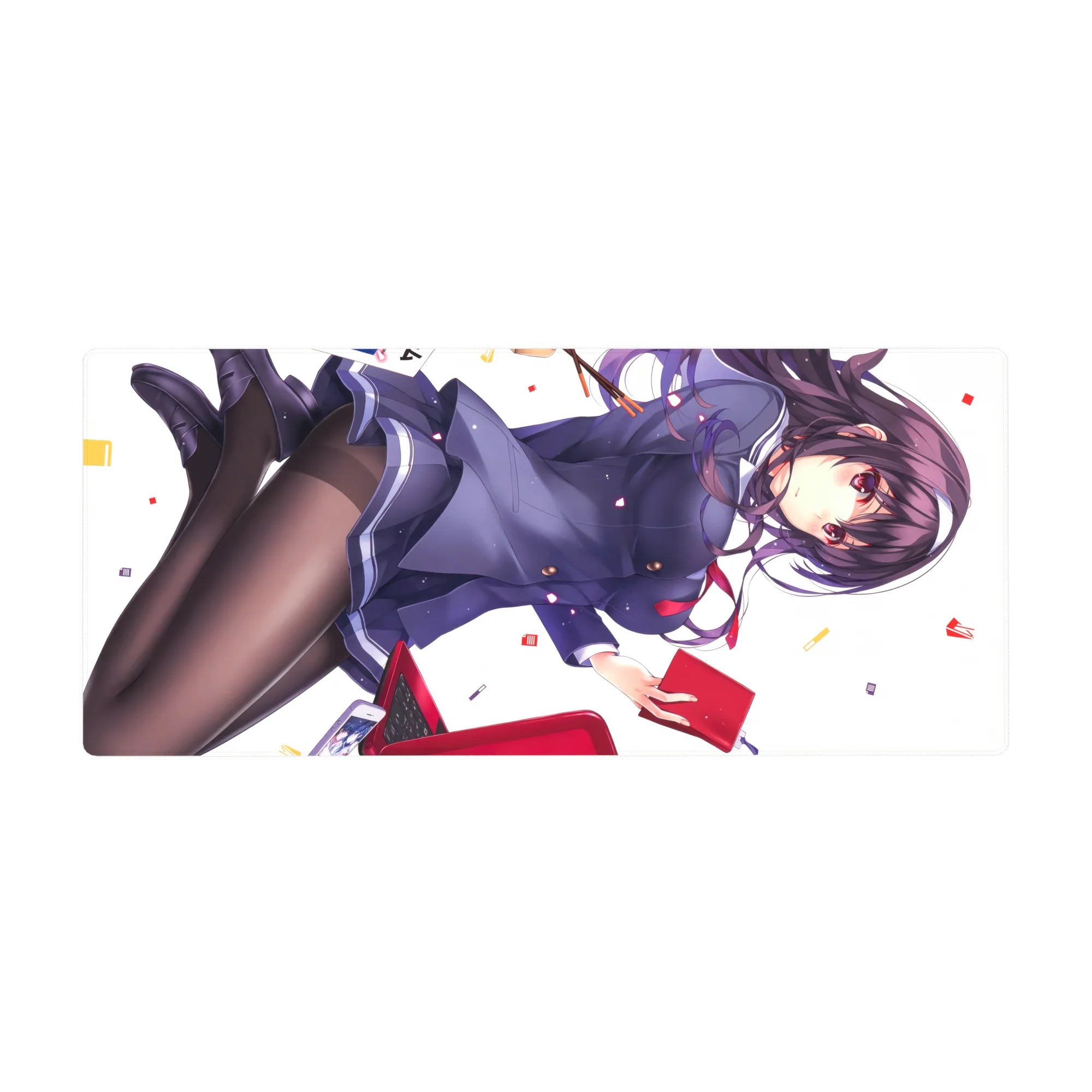 Anime schoolgirl desk pad 36x16 inches with navy uniform, red tie, confetti, and white background.