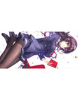 Anime schoolgirl desk pad 36x16 inches with navy uniform, red tie, confetti, and white background.