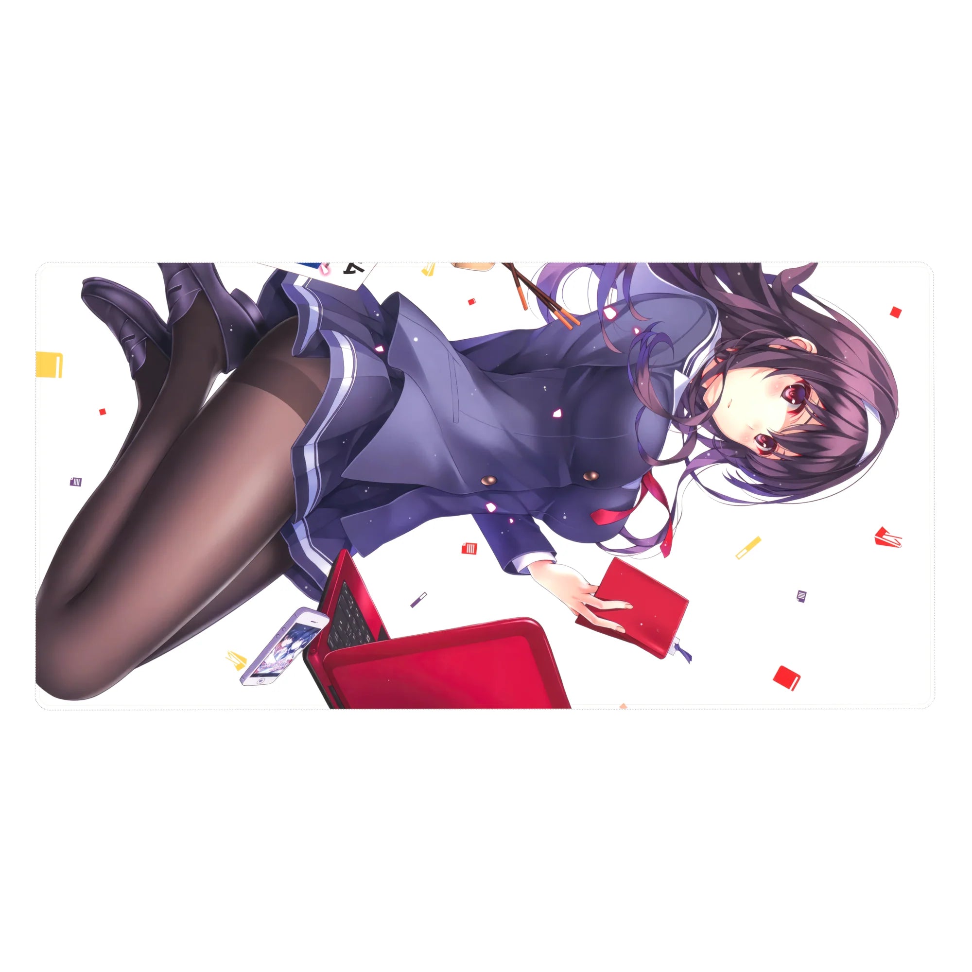 Anime girl desk pad 40x20 inches with schoolgirl in navy uniform, red tie, confetti on white background.