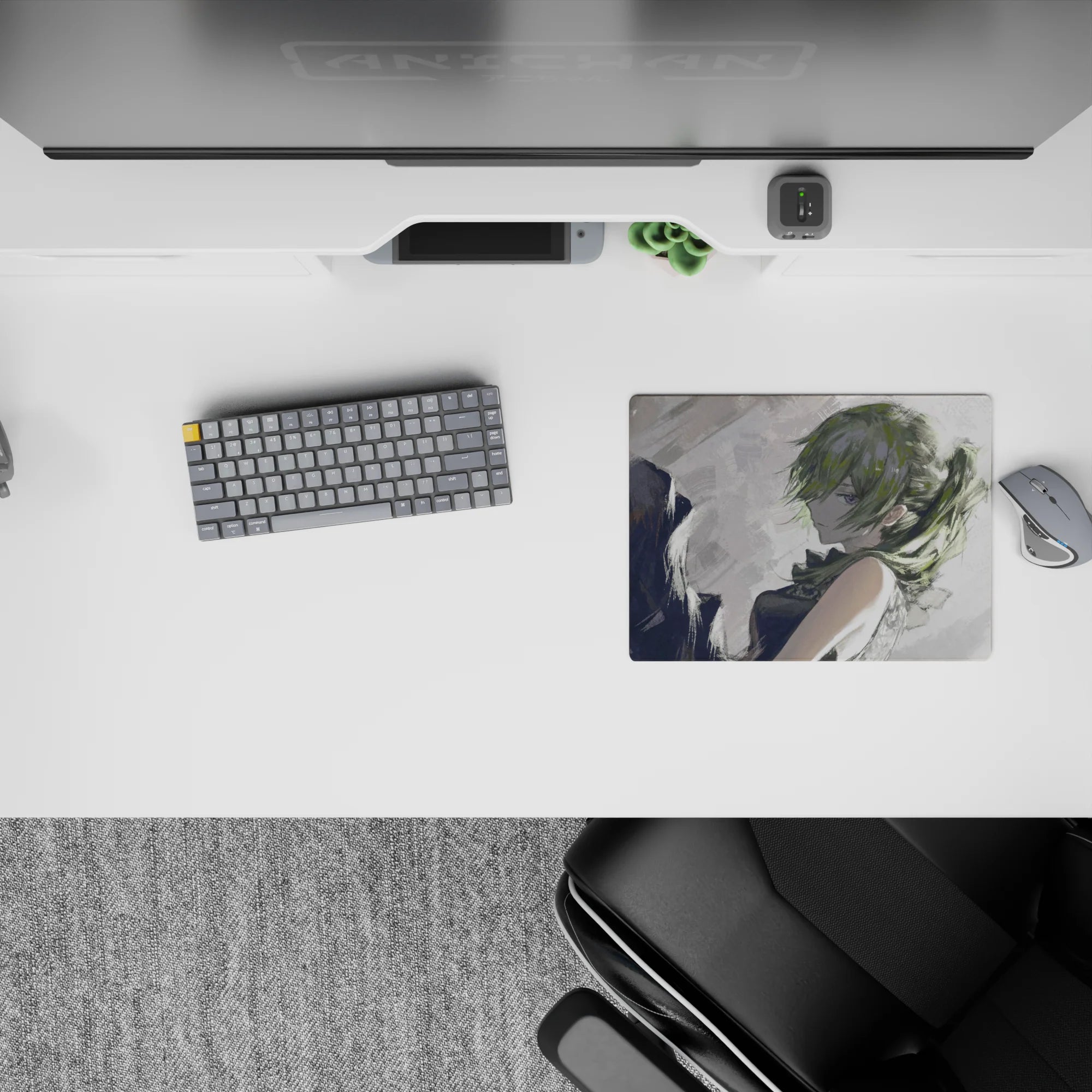 Moody smoky-gray anime mouse pad 14x10 inches with soft rainy sketchbook lighting and artsy tones.