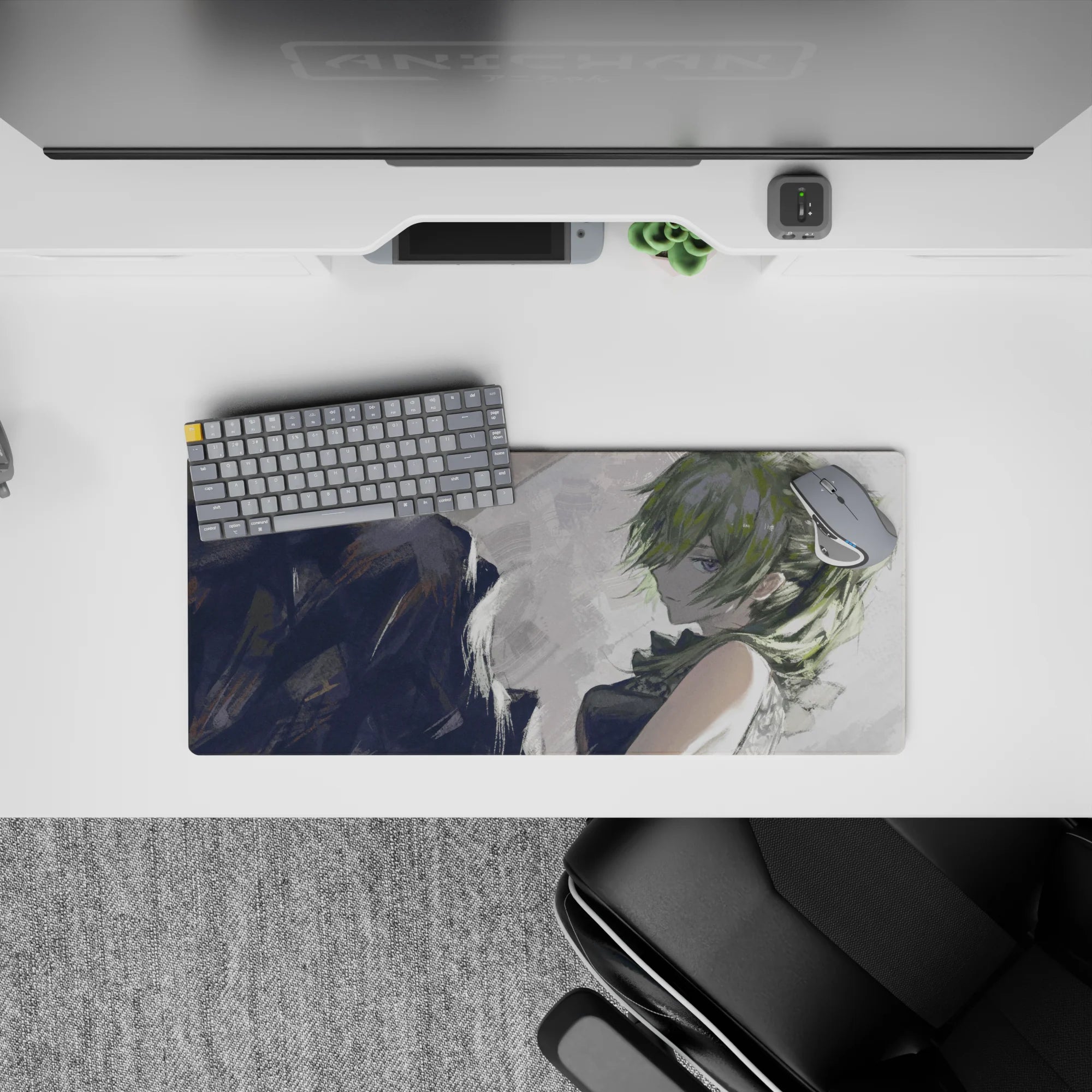 28x12 inches moody gray anime desk mat with rainy sketchbook lighting, soft highlights, and artsy vibe.