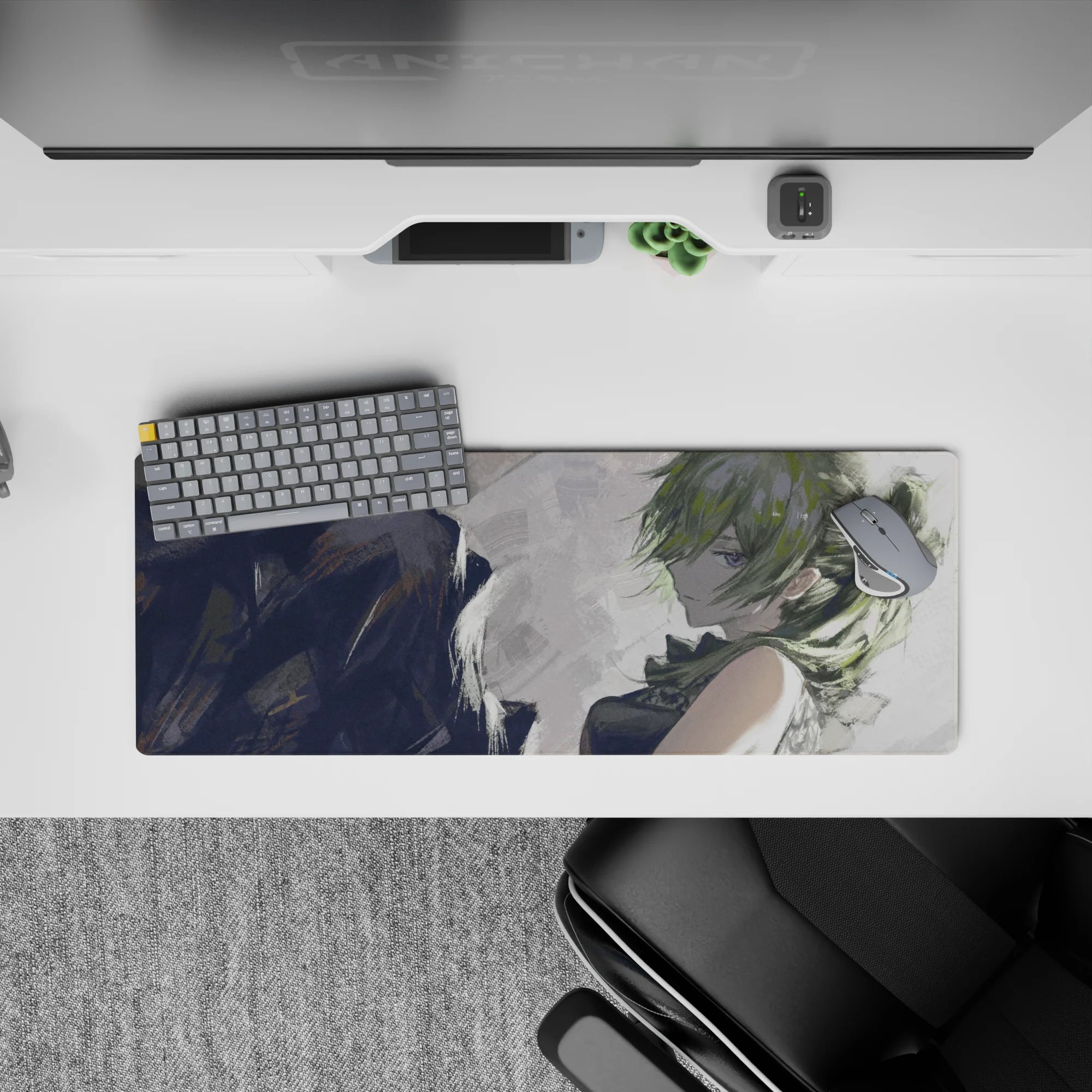 32x12 inches desk mouse pad in smoky gray rainy-sketch vibe with soft light and artsy sweep strokes.
