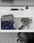32x12 inches desk mouse pad in smoky gray rainy-sketch vibe with soft light and artsy sweep strokes.