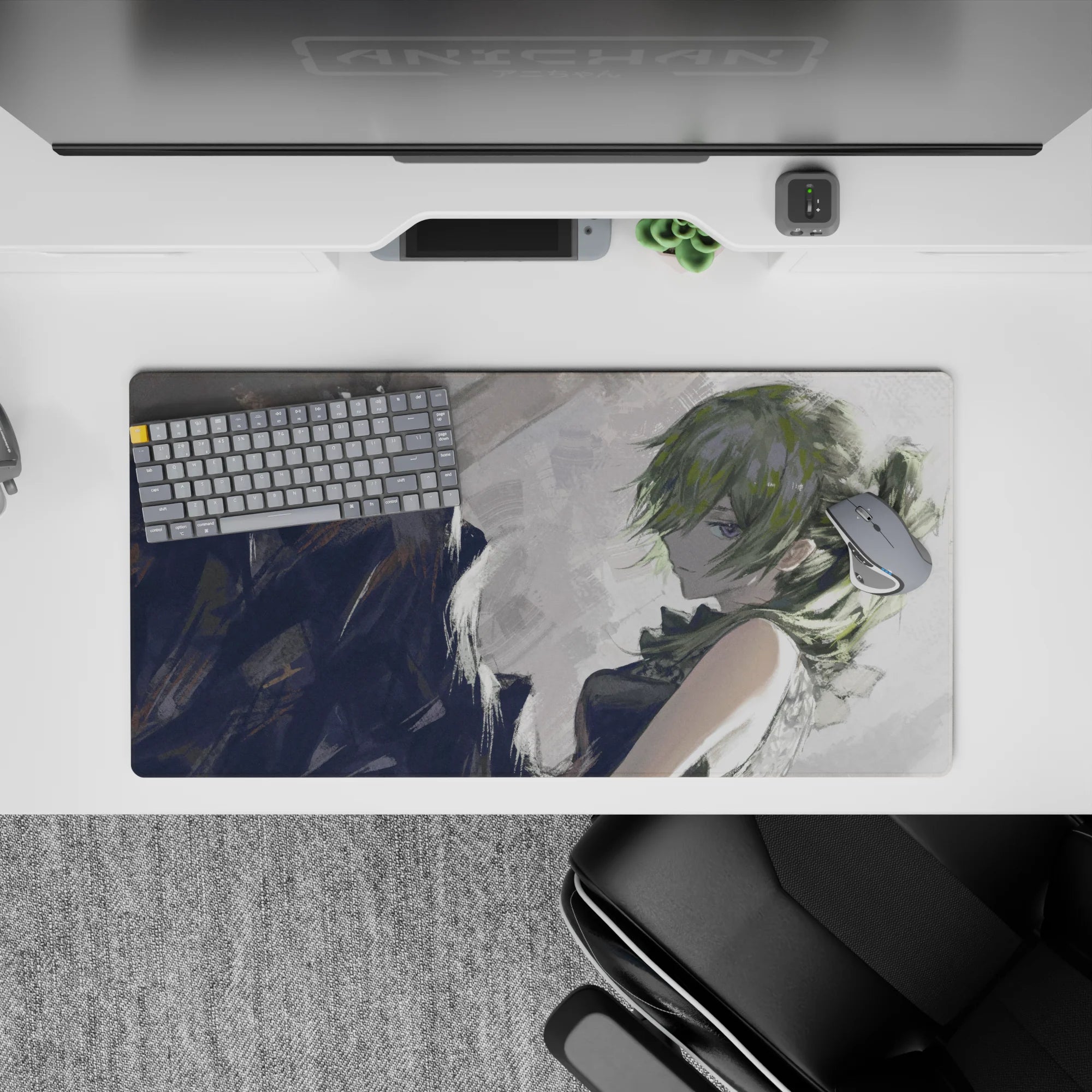 32x16 inches moody gray desk mat, rainy light vibe with moss-green hair anime girl illustration.