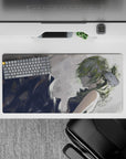 32x16 inches moody gray desk mat, rainy light vibe with moss-green hair anime girl illustration.